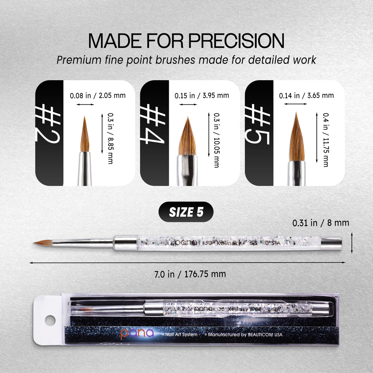 PANA 3D Kolinsky Nail Art Brush - Silver Glitter Handle, Size 5 - Acrylic Nail Art Sculpture Brush for Manicures Pedicure Salon Professional or