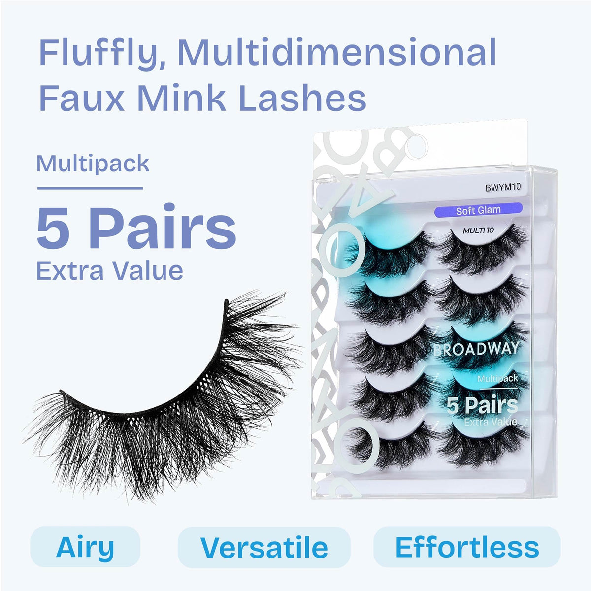 Broadway False Lashes Multipack, Faux Mink Wispy Volume Strip Eyelashes, Natural Look for Daily & Glam Wear, 5 Pairs Fluffy & Lightweight Cat Eye