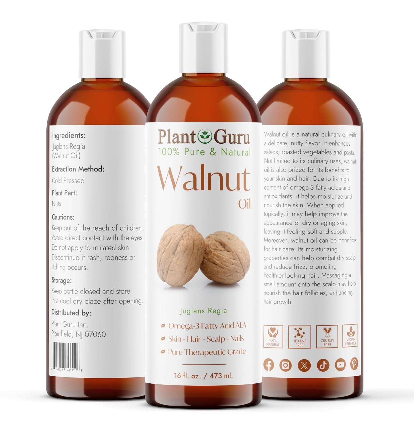 Plant Guru Walnut Oil 16 fl. oz. - Cold Pressed 100% Pure Natural - Skin, Body, Face, and Hair Growth Moisturizer. Great For Creams, Lotions, Lip balm Beauty & Personal Care Plant Guru