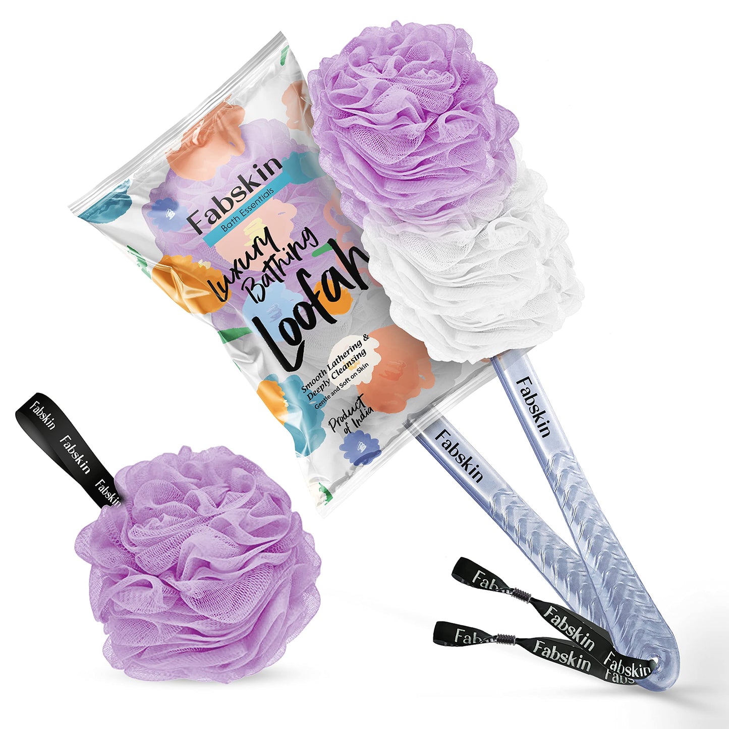 FABSKIN Luxury Bath Loofah Duo Pack - Loofah Sponge and Loofah Brush With Plastic Handle - Loofah for Bathing for Women & Men - Bath Brush Body Back Beauty and Personal Care FABSKIN