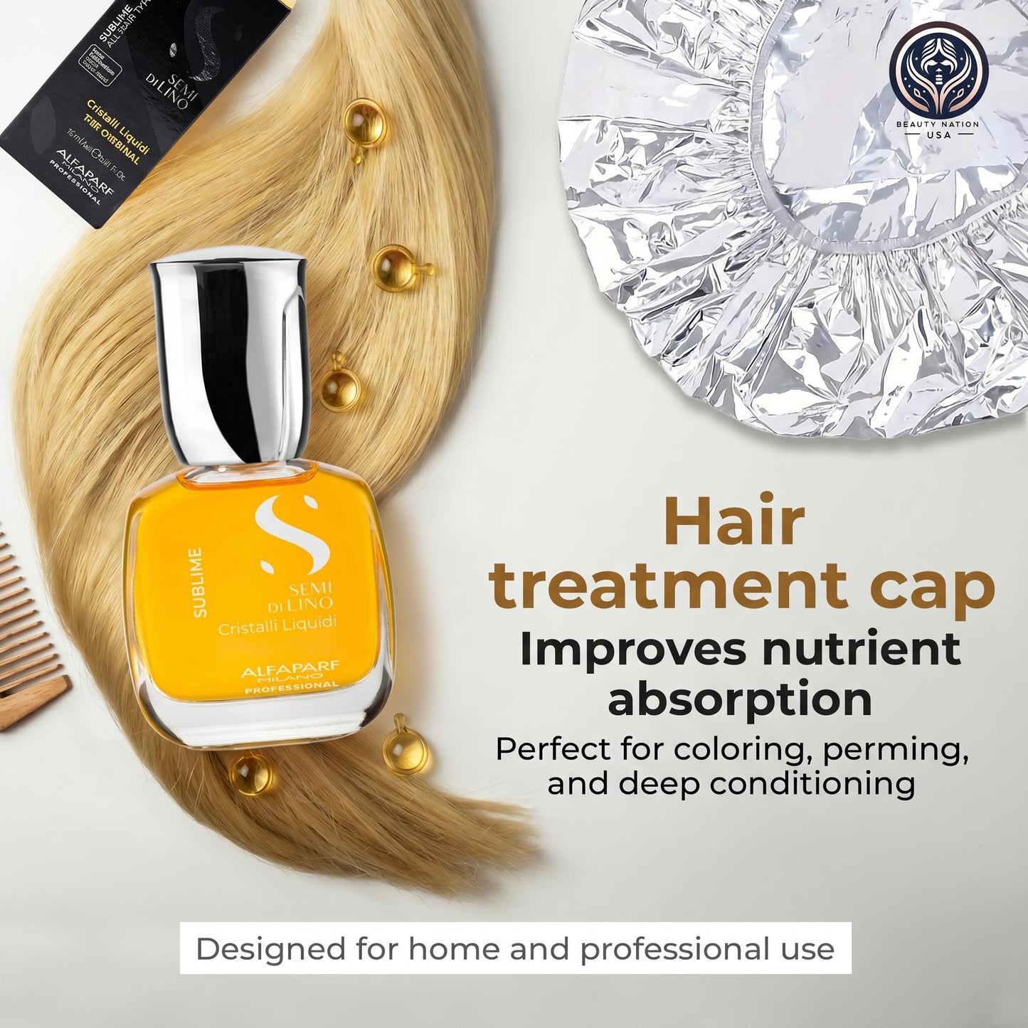 Alfaparf Sublime Cristalli Liquidi Hair oil serum Bundle with Beauty Nation treatment cap, sulfate free and vegan formula, Hair heat protectant 15ML Beauty & Personal Care Beauty Nation USA
