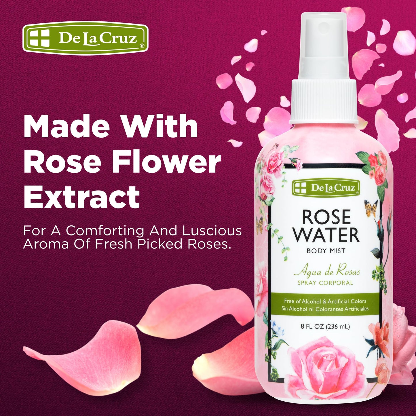 De La Cruz Pure Rose Water Body Mist,Rosewater Spray for Face, Skin & Hair, Rose Toner & Rose Water for Hair Alcohol Free, Paraben Free 8 fl oz (3 Beauty & Personal Care De La Cruz