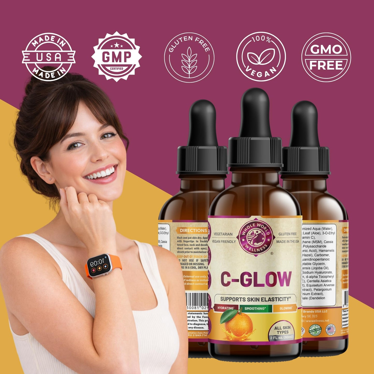 C Glow Vitamin C Liquid Serum | Supports Skin Elasticity & Hydration | Ascorbic Acid, Dandelion Extract, Vitamin E | Gluten Free, Vegan Friendly, Soy Beauty & Personal Care WHOLE WORLD WELLNESS