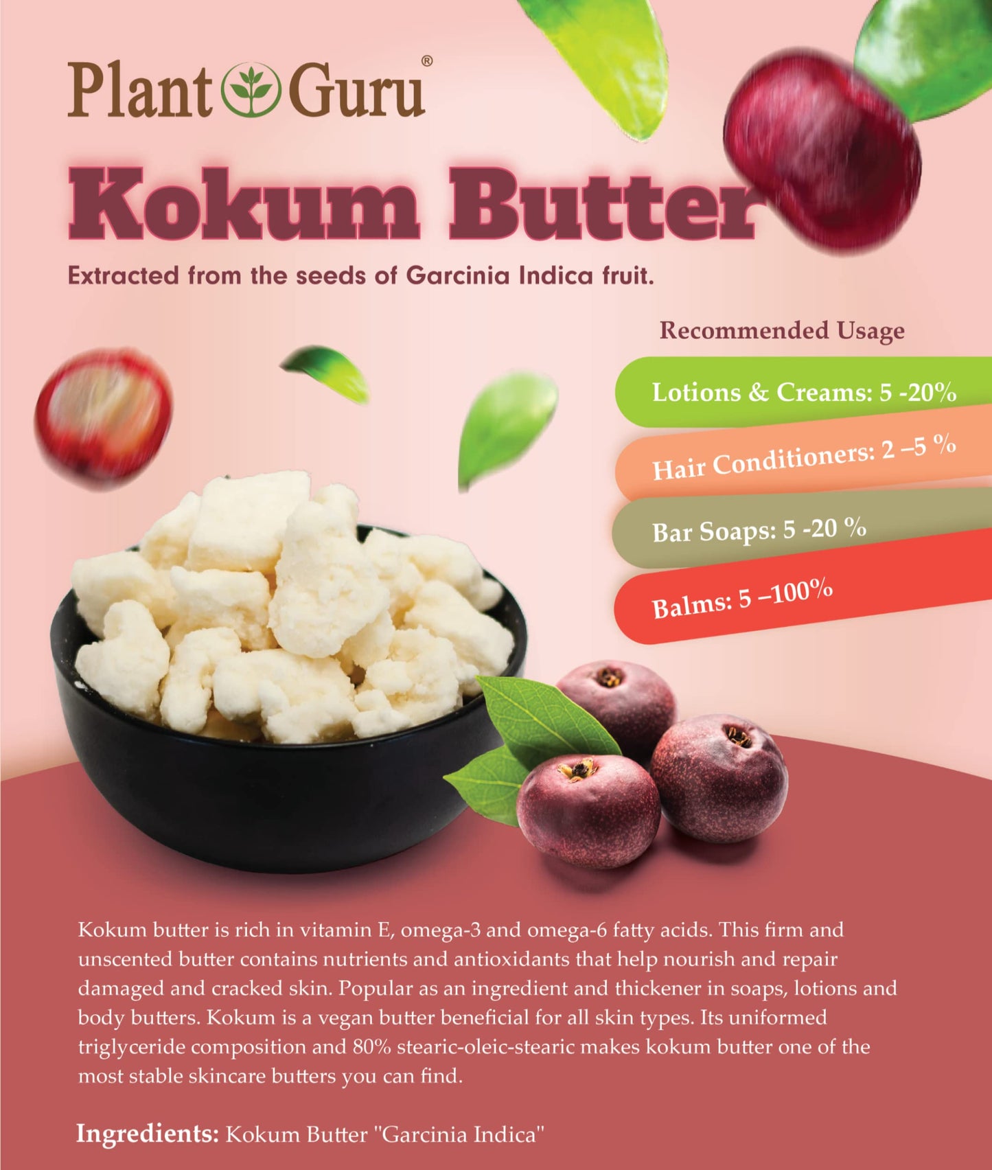 Plant Guru Raw Kokum Butter 3 lbs. Bulk 100% Pure Natural - Great for Skin, Body and Hair Moisturizer, DIY Creams, Balms, Lotions and Soap Making. Beauty & Personal Care Plant Guru