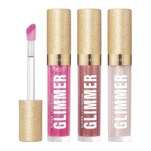 REVLON Super Lustrous Glimmer Gloss Gift Set, 3-Piece, Non-Sticky Lip Makeup, Plant-Based Glitter, High-Shine Finish, 008 Rose Glow, 005 Glazed Almond Beauty & Personal Care REVLON