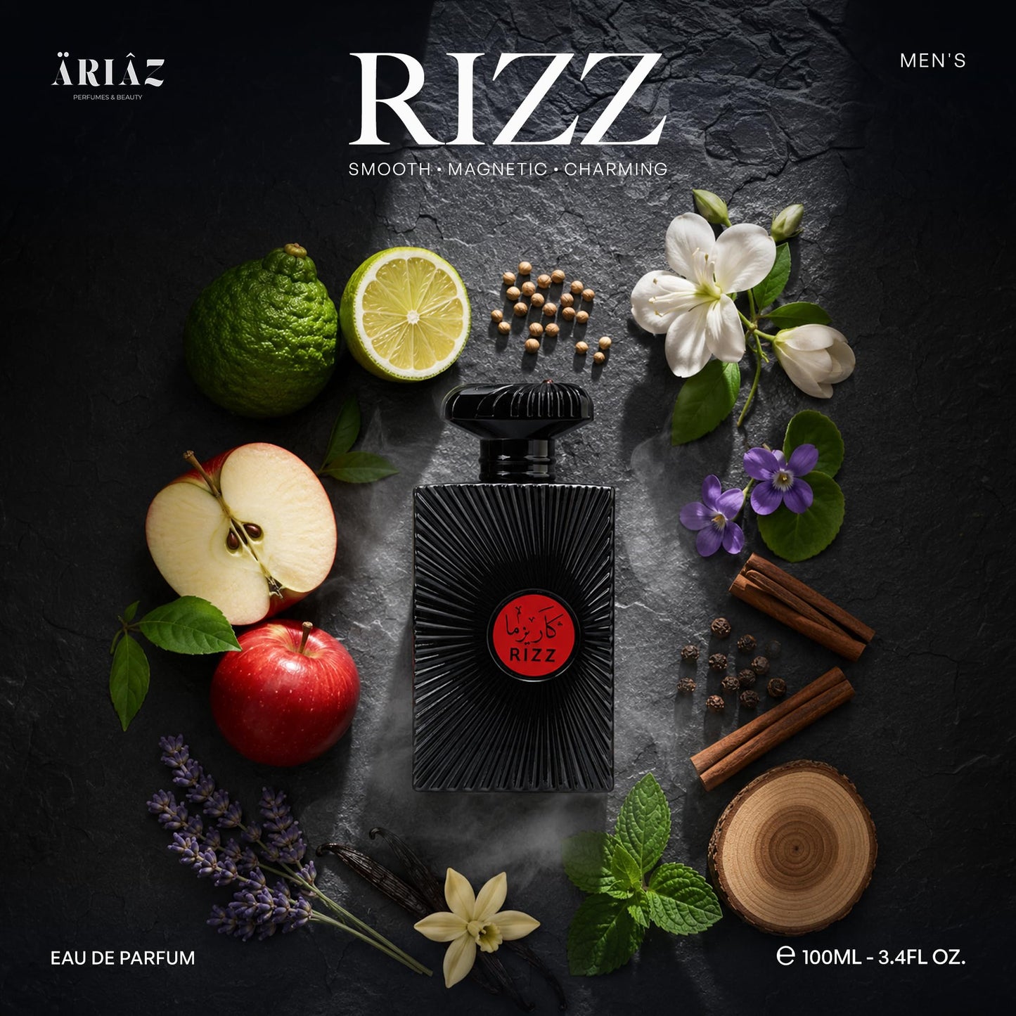 ARIAZ RIZZ Men’s Eau De Parfum with the Magnetic Pull of Bergamot, Apple, Spicy Cinnamon, Lavender, Vanilla & Patchouli - Long Lasting Oil Based Woody Beauty & Personal Care ARIAZ