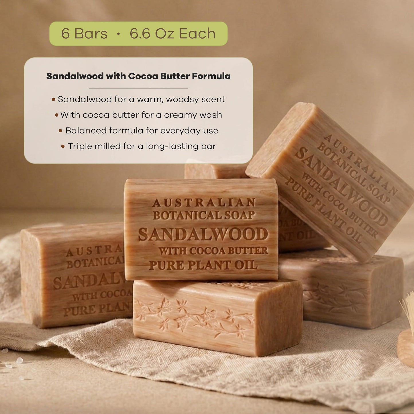 Australian Botanical Soap Sandalwood with Cocoa Butter - Triple Milled 6.6 oz Bar Soap with Shea Butter, Face Hand & Body Soap Bars, Pack of 6 Beauty & Personal Care Australian Botanical Soap
