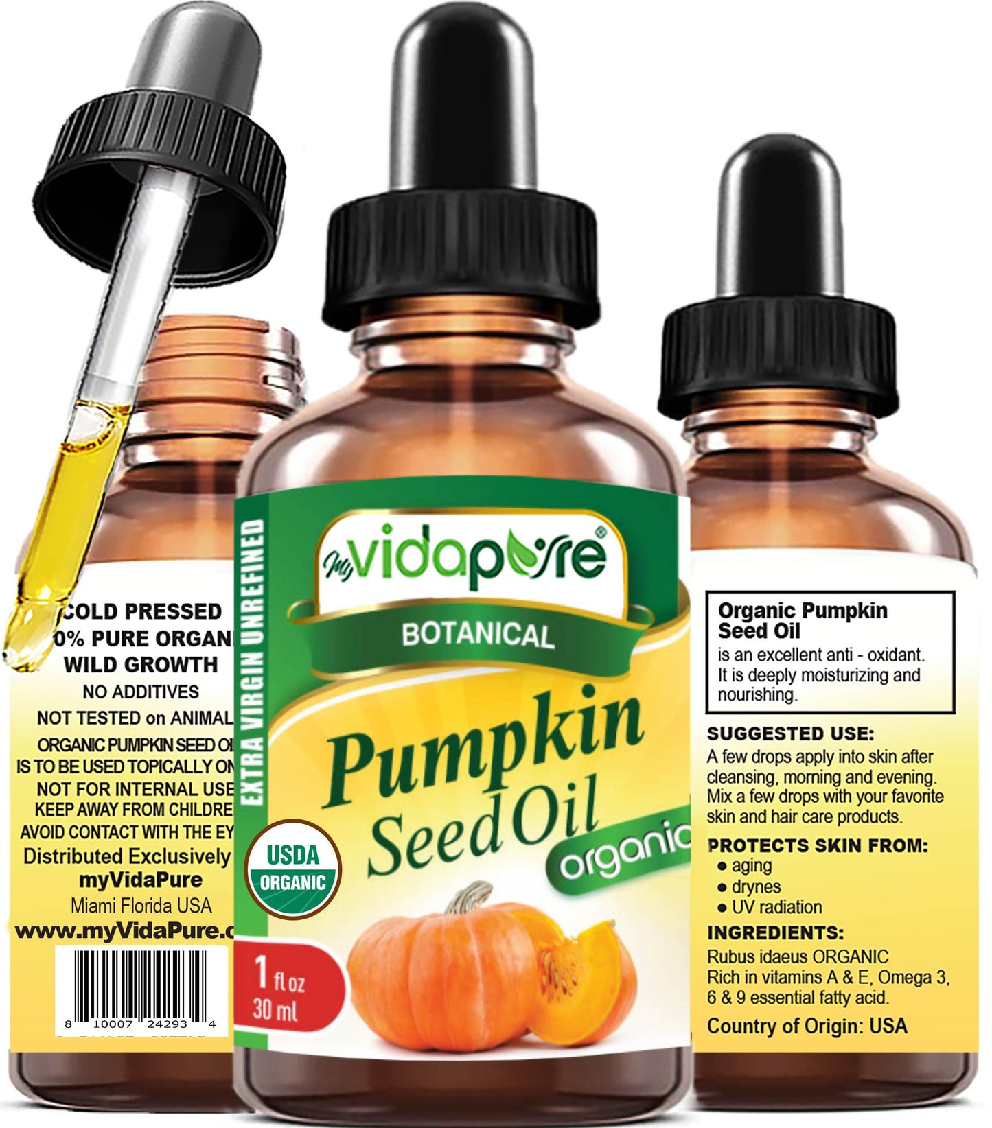 MYVIDAPURE Organic PUMPKIN SEED OIL Certified Organic WILD GROWTH RAW Pure EXTRA VIRGIN UNREFINED for Skin, Face, Body, Hair and Lip Care (1 Fl Oz) Beauty & Personal Care MYVIDAPURE