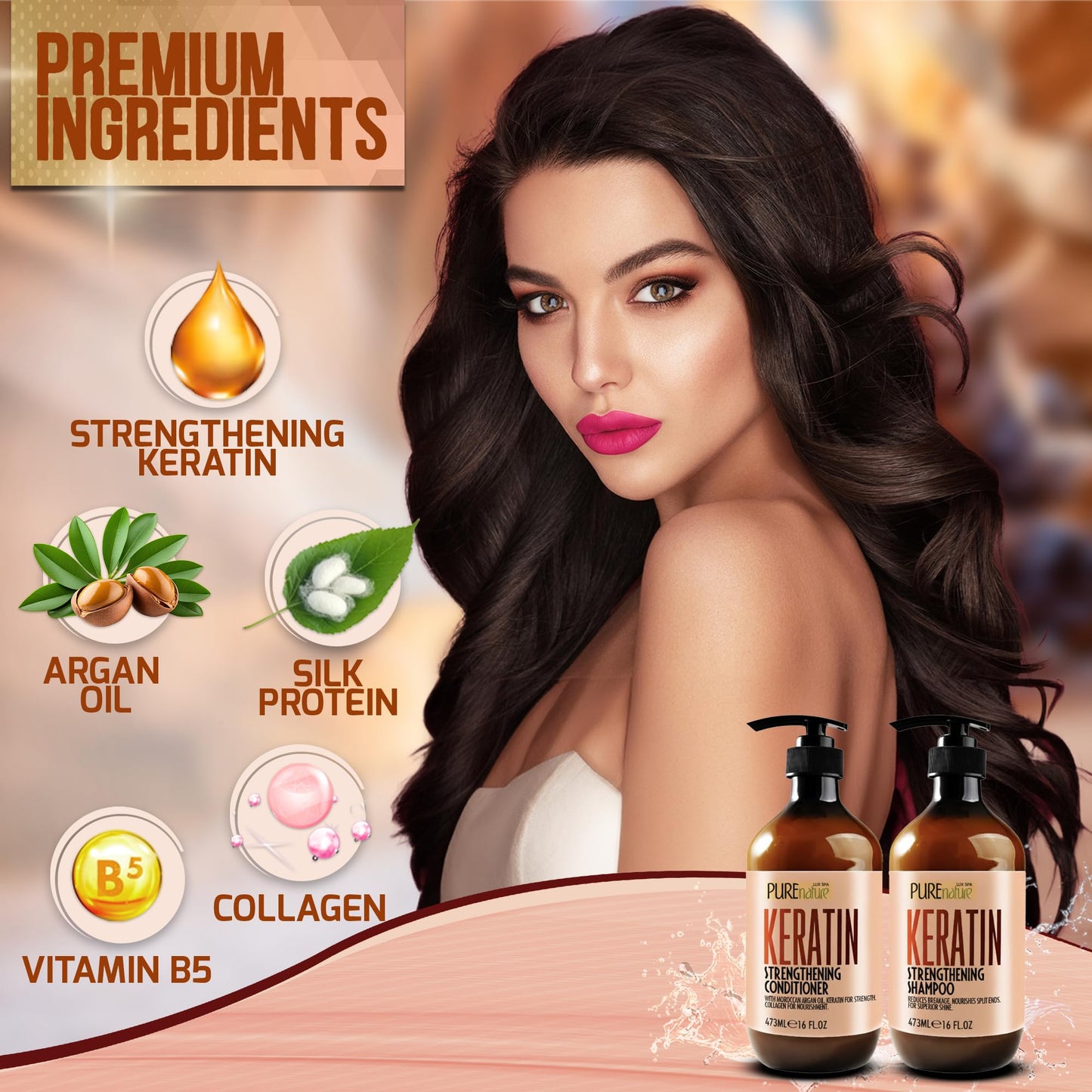 Keratin Shampoo and Conditioner Set - Sulfate and Paraben Free Treatment for Dry Hair - Anti Frizz, Collagen Enriched Formula for Curly or Damaged Beauty & Personal Care PURE NATURE LUX SPA