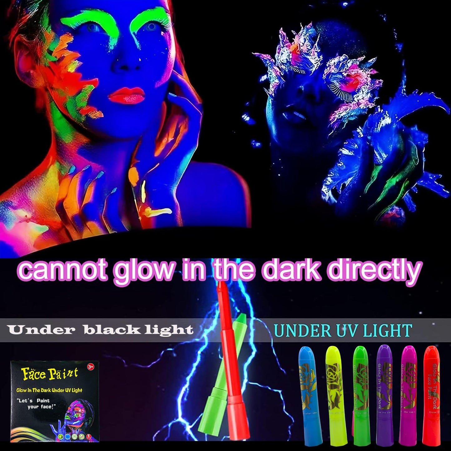 Glow In The Dark Body Paint, 6 PCS Glow In The Dark Under Uv Black Light Sticks Makeup Neon Face Painting Kits For Adult Halloween Festival Accessory Beauty & Personal Care YLOGUY