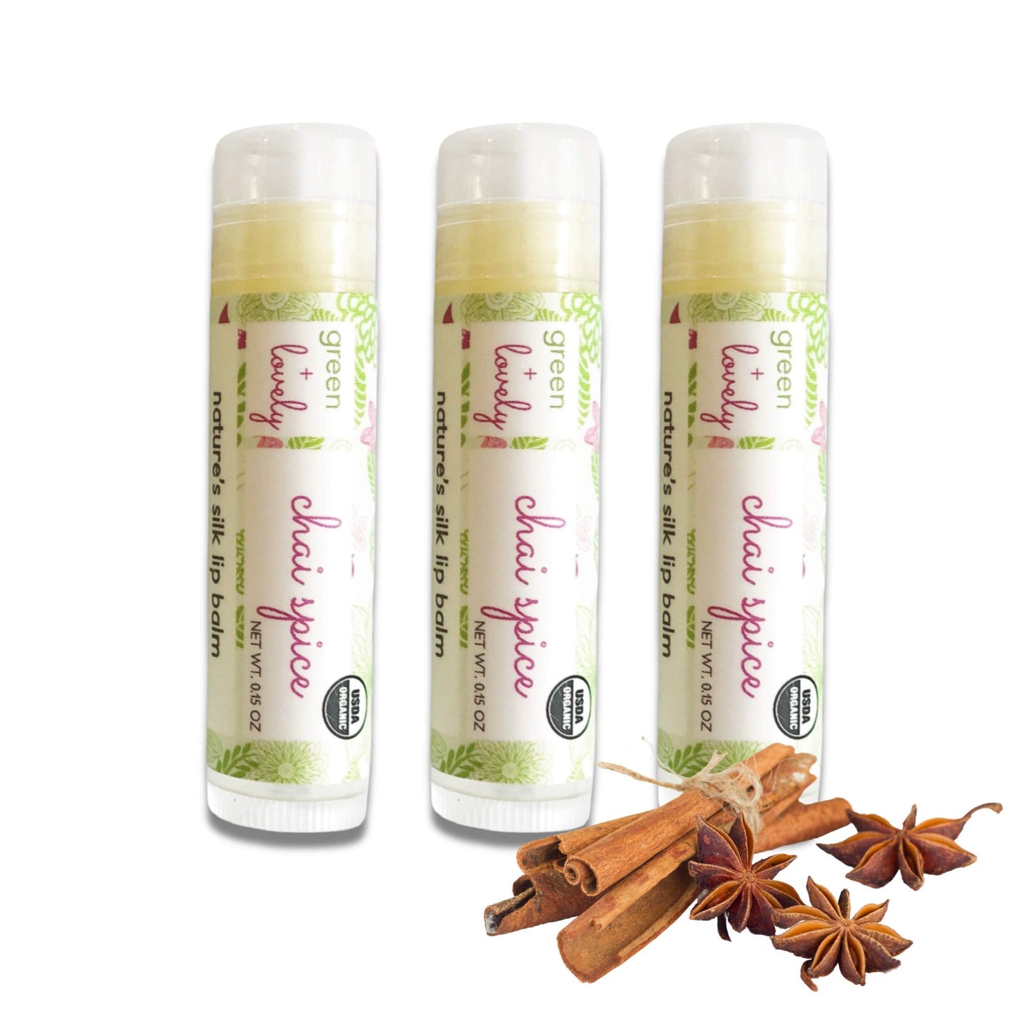 Organic Certified Lip Balm Butter(3 Pack) by Green and Lovely - Chai Spice Lip Oil for Total Hydration and Repair - 0.15 oz Lip Moisturizer Tube made Beauty and Personal Care Green + Lovely