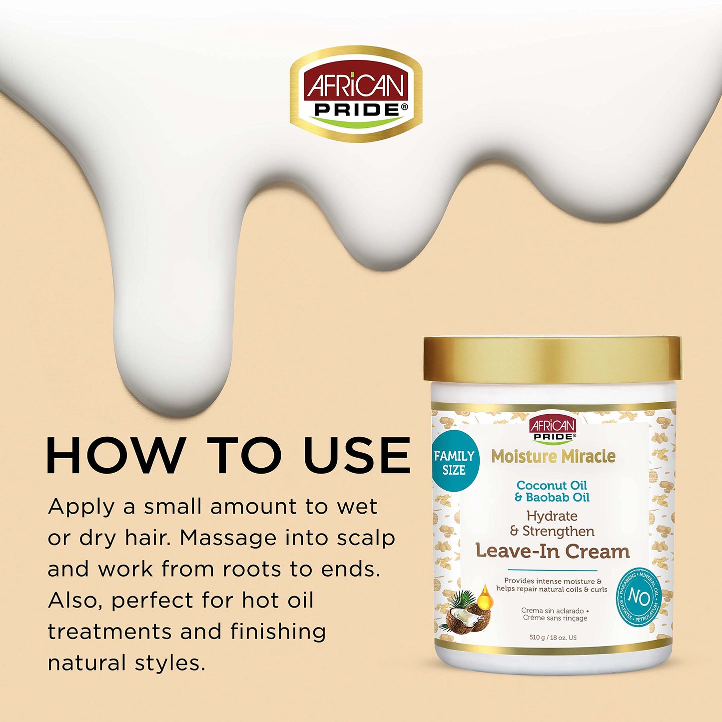 African Pride Moisture Miracle Coconut Oil & Baobab Oil Leave-In Hair Cream - Provides Intense Moisture & Helps Repair Natural Coils & Curls, Hydrates Beauty & Personal Care African Pride