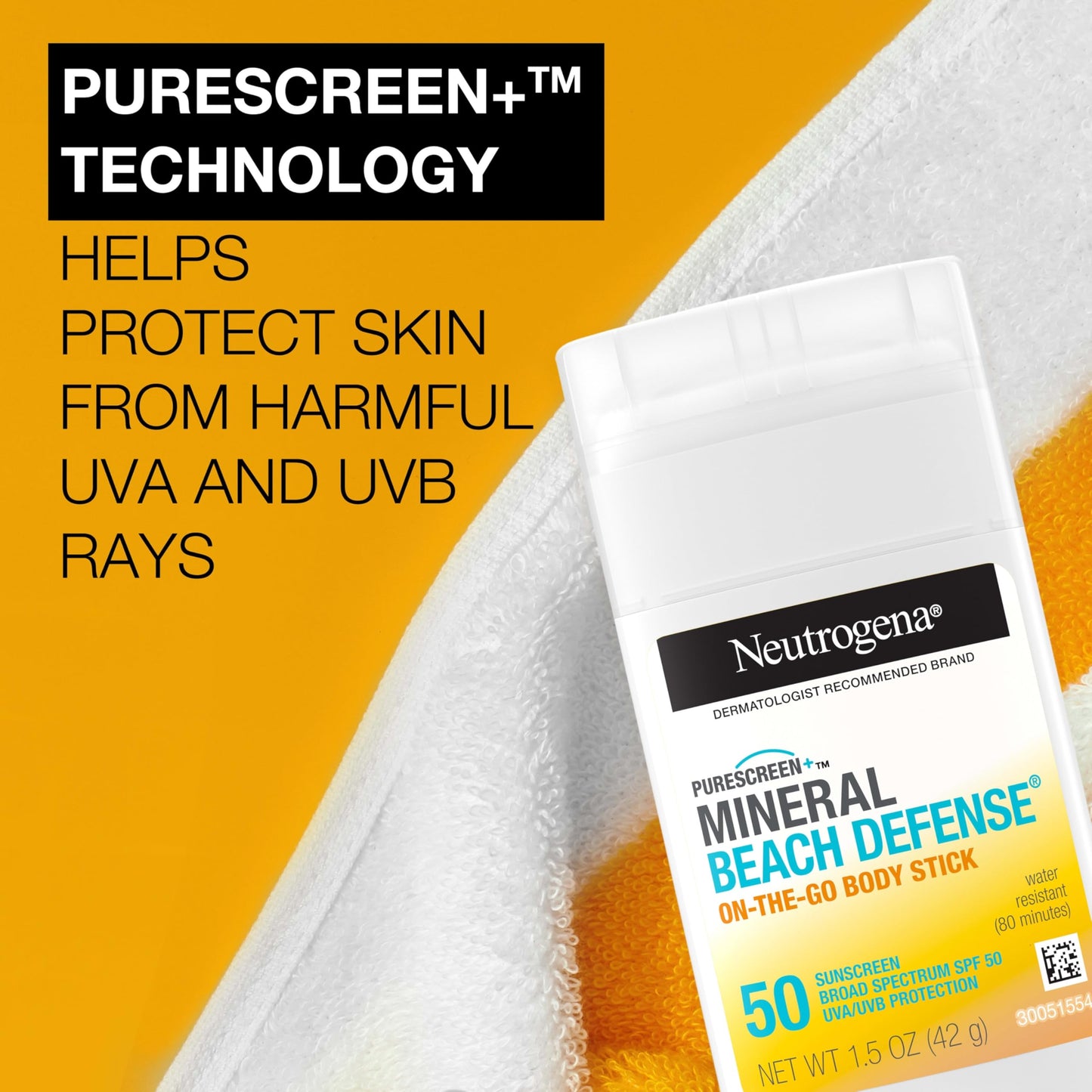 Neutrogena Purescreen+ Mineral Beach Defense On-The-Go Body Sunscreen Stick with Broad Spectrum SPF 50, Water Resistant UVA/UVB Protection, Absorbs Beauty & Personal Care Neutrogena
