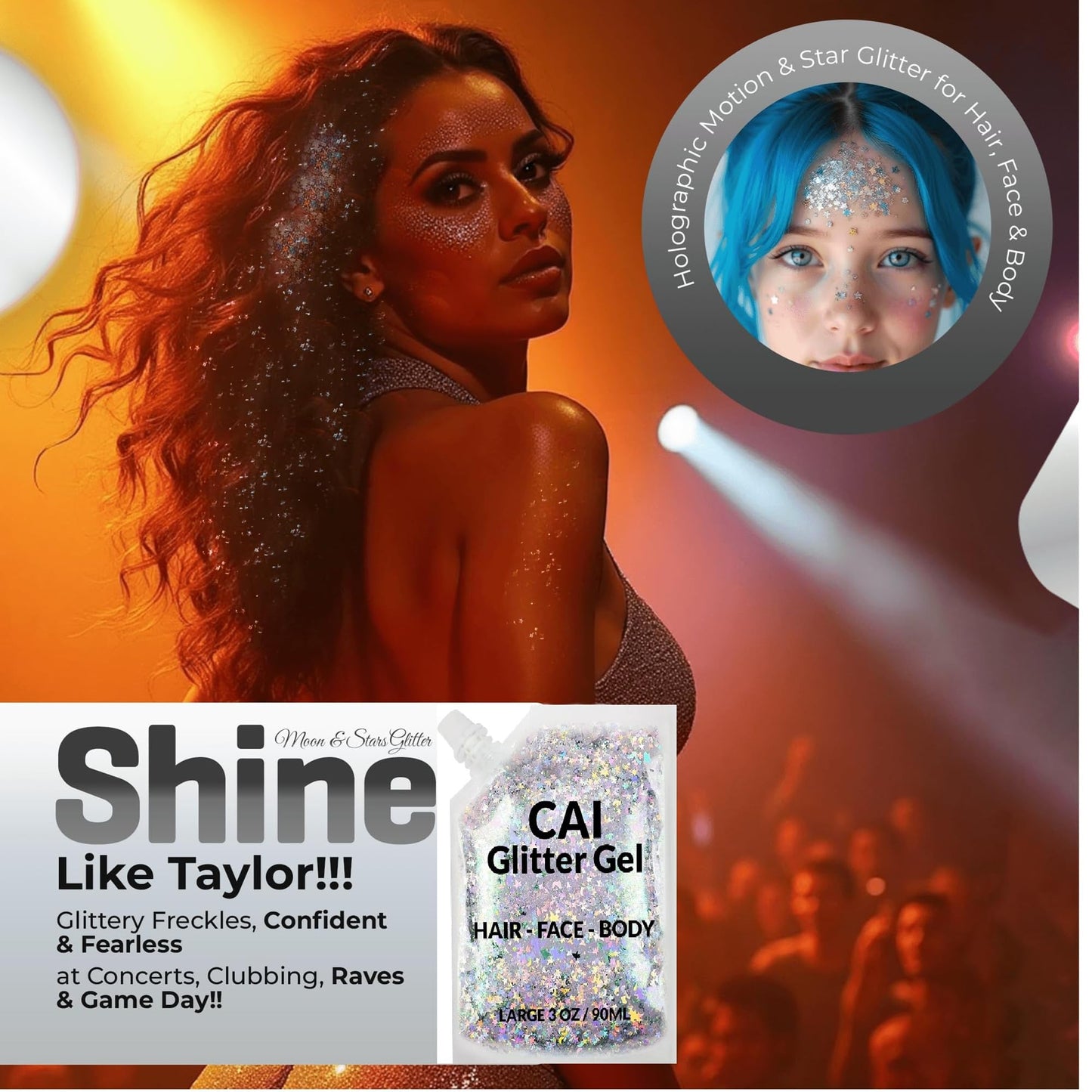 Face, Body & Hair Glitter Gel - Halloween Glitter for Kids and Women - 3 Oz Cosmetic-Grade Gel w/Moon & Stars for Festivals & Halloween Party, Easy Beauty & Personal Care CAI BEAUTY NYC
