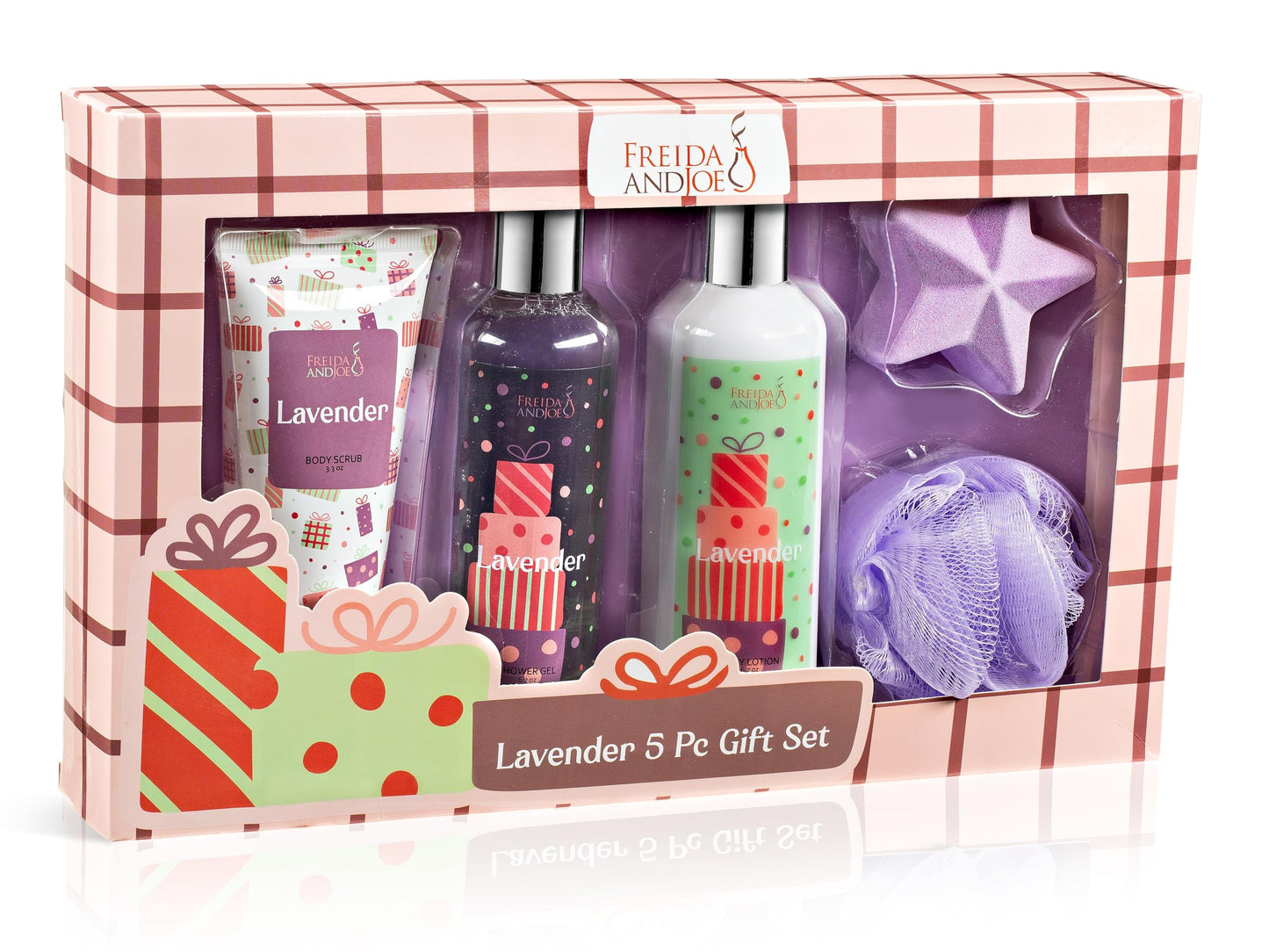 Fragrance Bath & Body Collection Gift Box, Includes Shower Gel, Body Lotion, Body Scrub, Bath Bomb & Sponge (Lavender 2.0) Beauty and Personal Care Freida and Joe