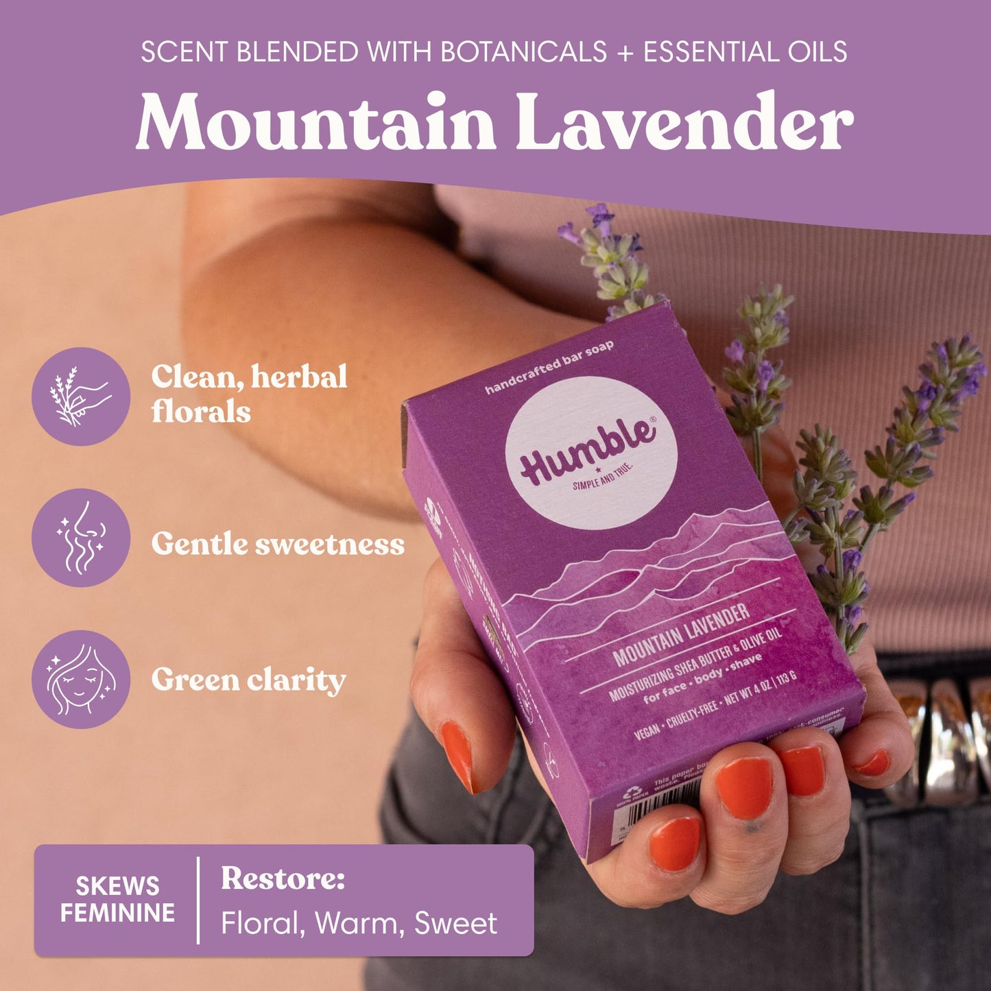 Humble Natural Bar Soap, Mountain Lavender - Cold Processed Face & Body Soap Bar with Essential Oils - Moisturizing Formula for Long-Lasting Beauty & Personal Care HUMBLE SIMPLE AND TRUE.