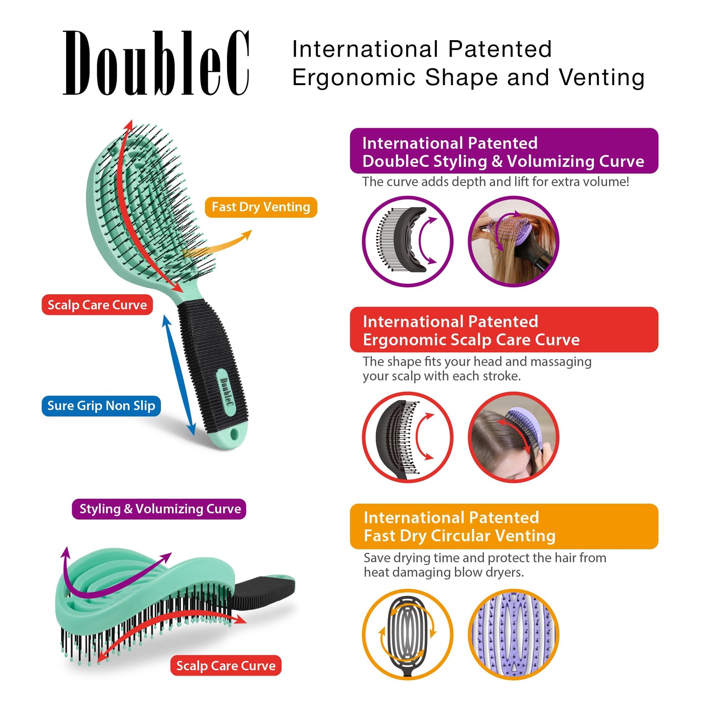 NuWay 4HAIR DoubleC U.S. Patented Double Curved Detangling Brush is Hair Dryer Safe (Mint Green) Beauty & Personal Care NuWay 4Hair
