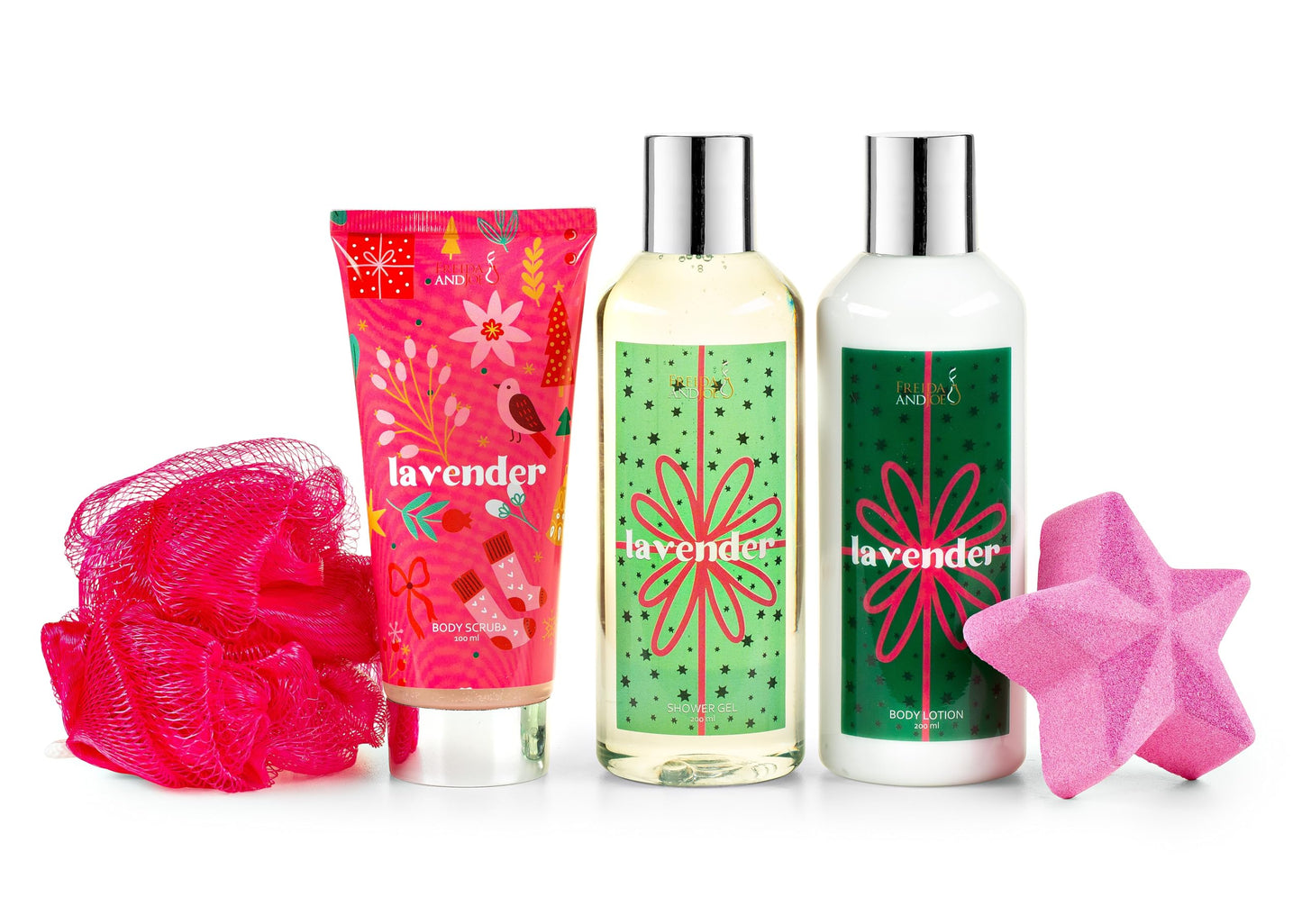 Fragrance Bath & Body Collection Gift Box, Includes Shower Gel, Body Lotion, Body Scrub, Bath Bomb & Sponge (Lavender- Pink) Beauty and Personal Care Freida and Joe