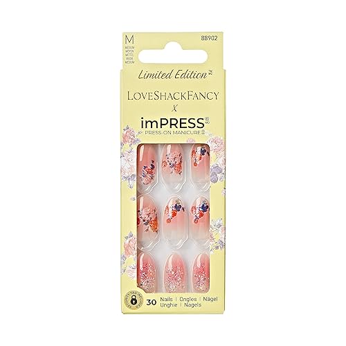 KISS LoveShackFancy x imPRESS Press-On Manicure Limited Edition, Style "Citrus Candy" Medium Almond Pink Press-On Nails, Includes Prep Pad, Mini Nail Beauty & Personal Care imPRESS