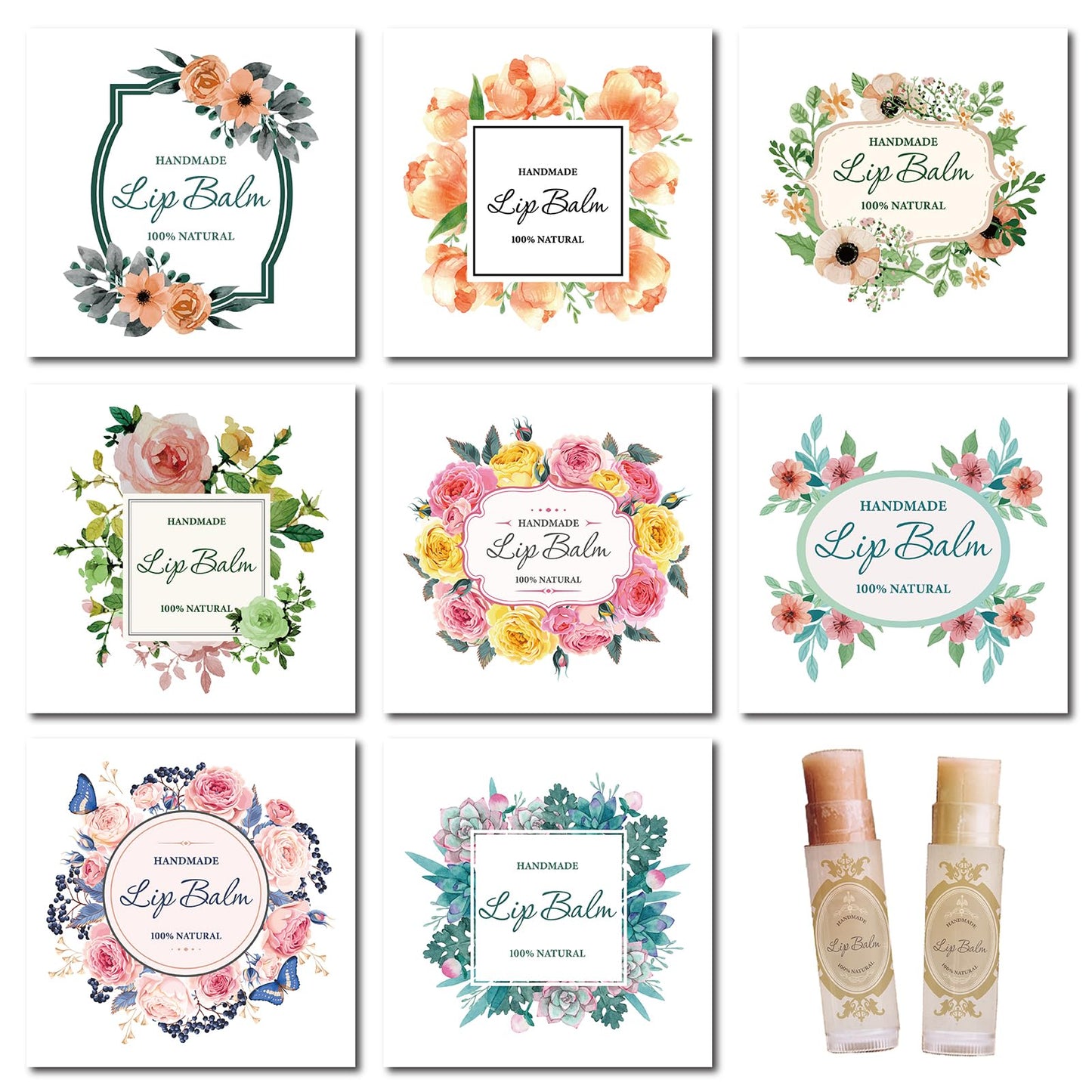 CRASPIRE 80Pcs 8 Styles Lip Balm Sticker Self-Adhesive Homemade Lip Balm Labels Floral Patter Square Printable DIY Label Stickers for Lip Balm Beauty and Personal Care CRASPIRE