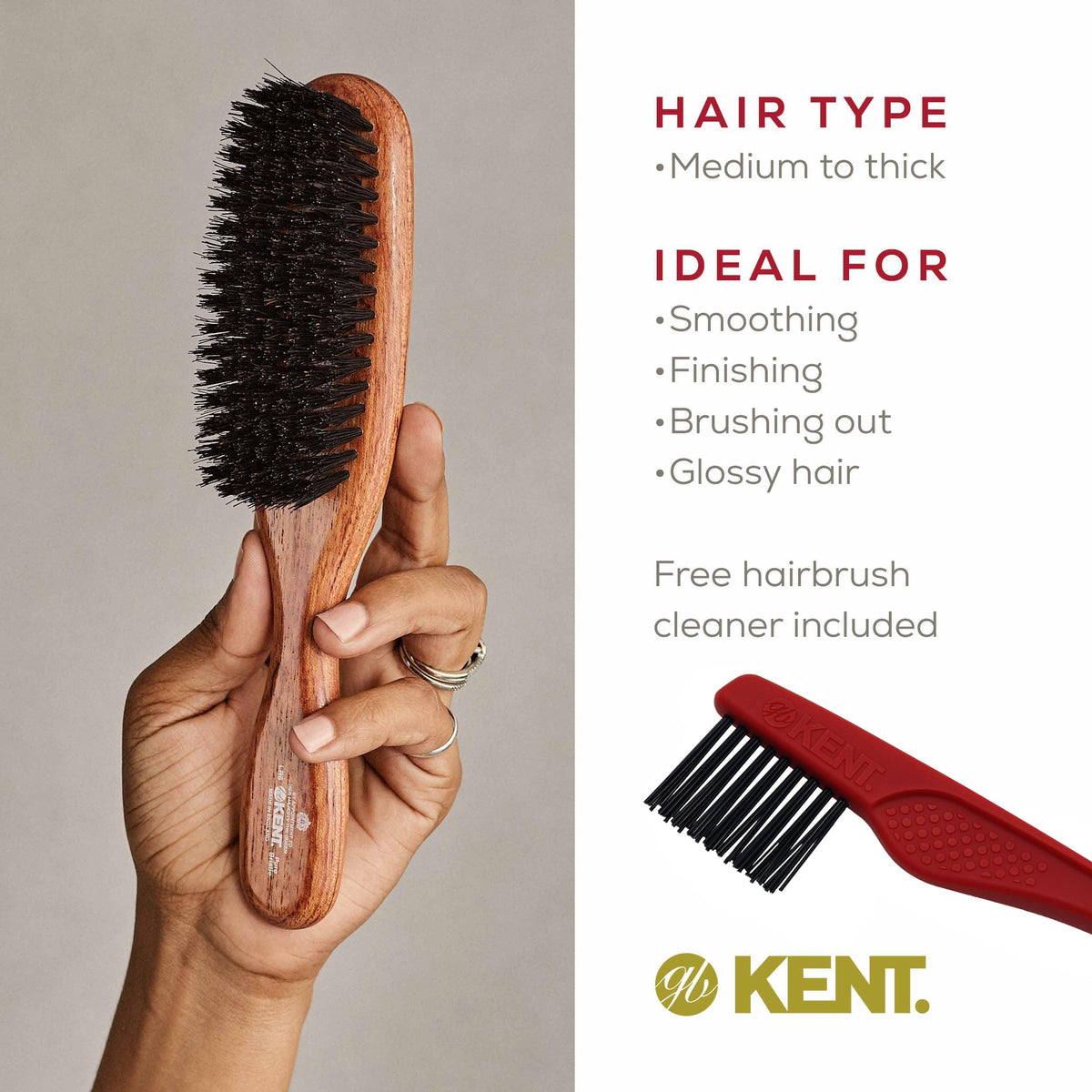 Kent LR6 Finest Dark Wood Styling Hair Brushes for Women - Natural Black Boar Bristle Hairbrush for Medium to Thick Hair of All Lengths - Dry Brush