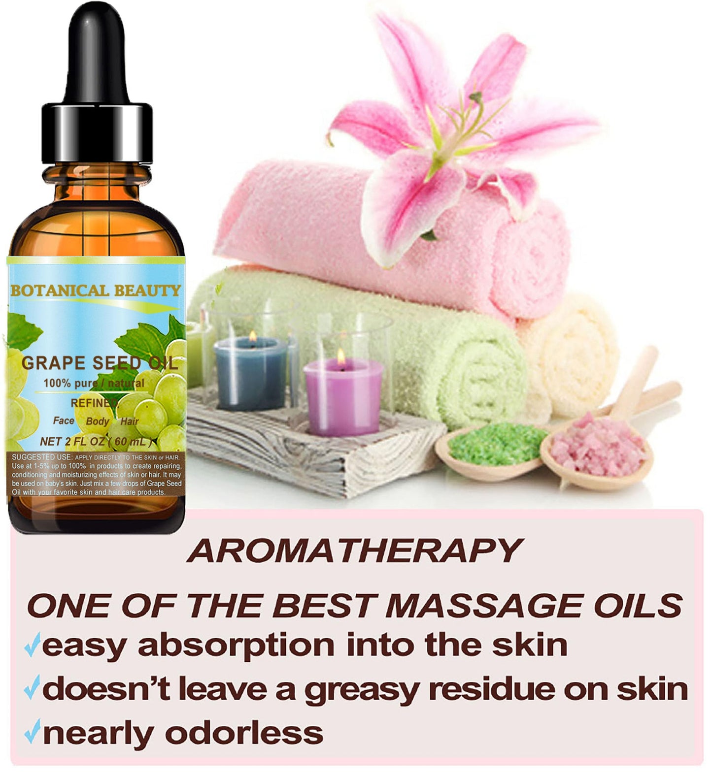 Botanical Beauty GRAPE SEED OIL 100% Pure Natural Undiluted Refined Cold Pressed Carrier Oil for Face, Skin, Body, Hair, Massage, Lip, Nails (2 Fl Oz Beauty & Personal Care Botanical Beauty
