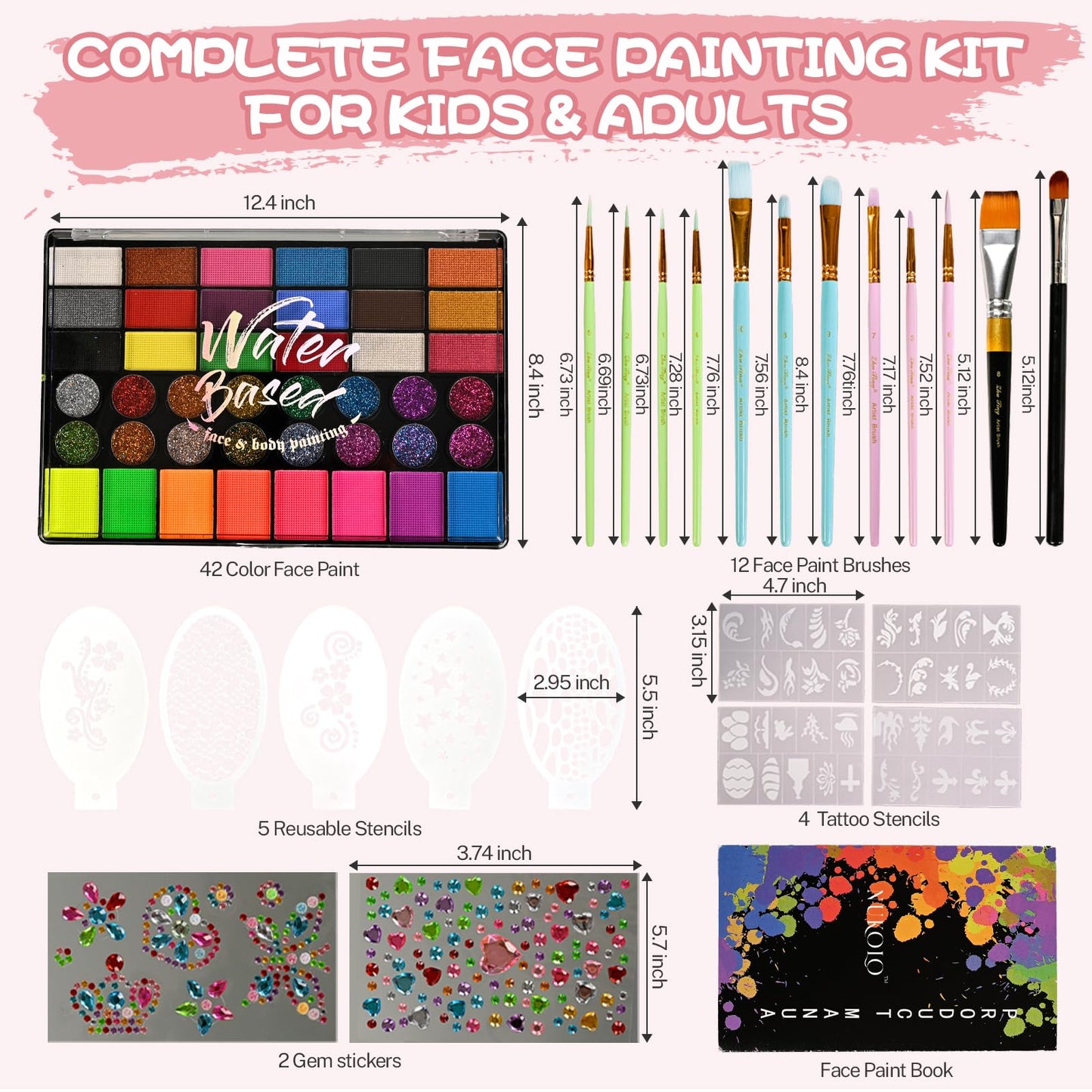KNLDEFV 42 Color Kids Face Painting Kit, Non Toxic Water Activated Face Paint Palette with Stencils, Brush, Sparkle Gems. Perfect for Birthday Beauty & Personal Care KNLDEFV