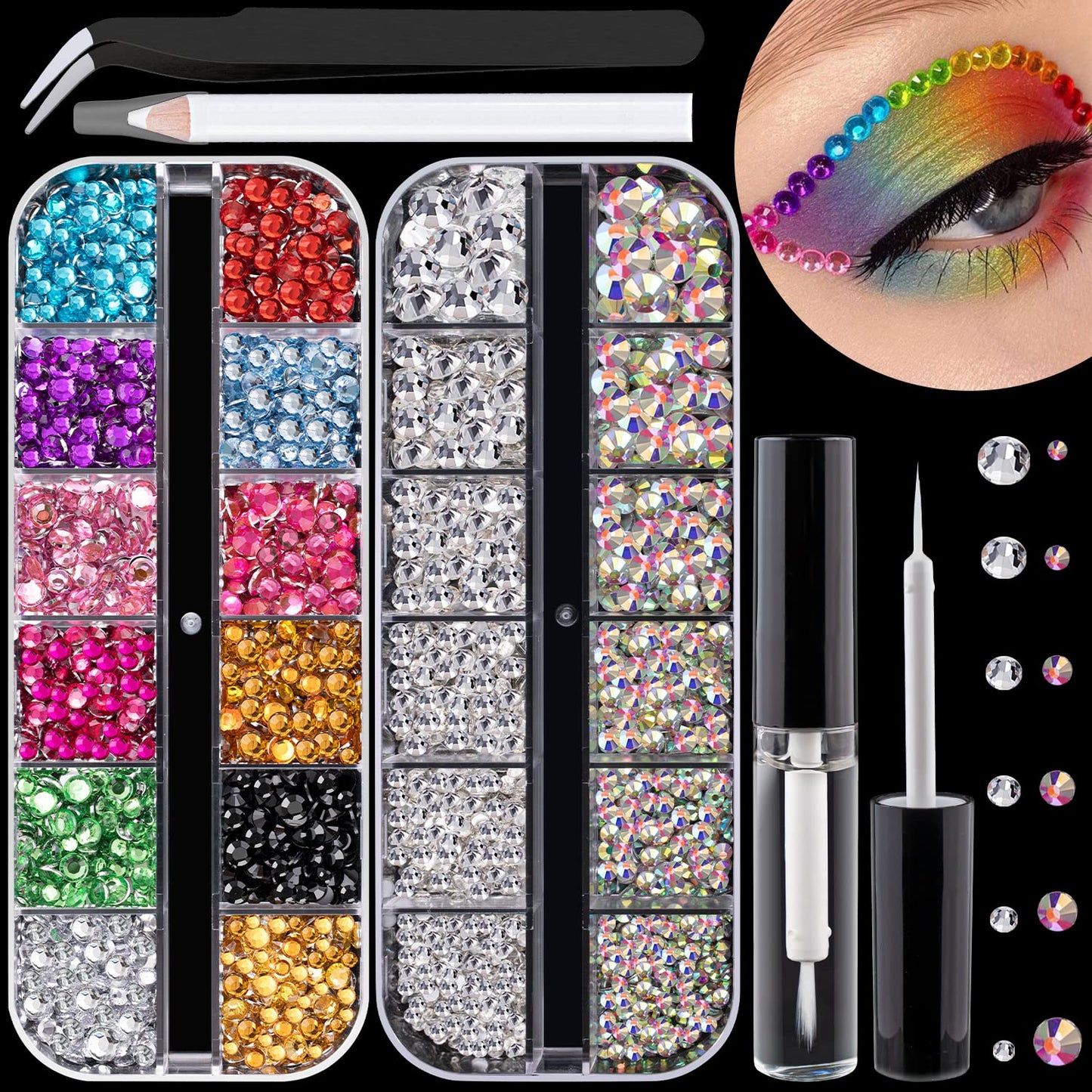 Flat Back Rhinestone Kits Colorful Rhinestones+Crystal AB&Transparent White Face Gems Nail Gem with Quick Dry Makeup Glue+Picker Pencil+Tweezer Beauty & Personal Care BELLEBOOST