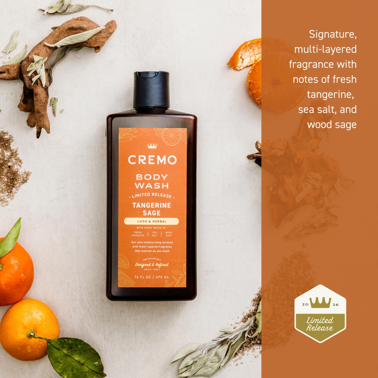 Cremo Rich-Lathering Tangerine Sage Body Wash Men, Notes of Fresh Tangerine, Sea Salt, and Wood Sage, 16 Fl Oz Beauty & Personal Care Cremo