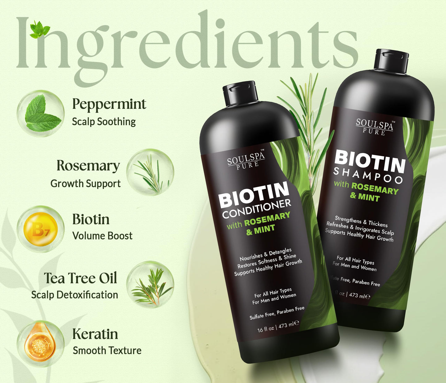 SOULSPA PURE Biotin Rosemary Shampoo and Conditioner Set - Sulfate Free Scalp Care & Hair Strengthening for Thinning, Color-Treated Hair - Rosemary Beauty & Personal Care SOULSPA PURE