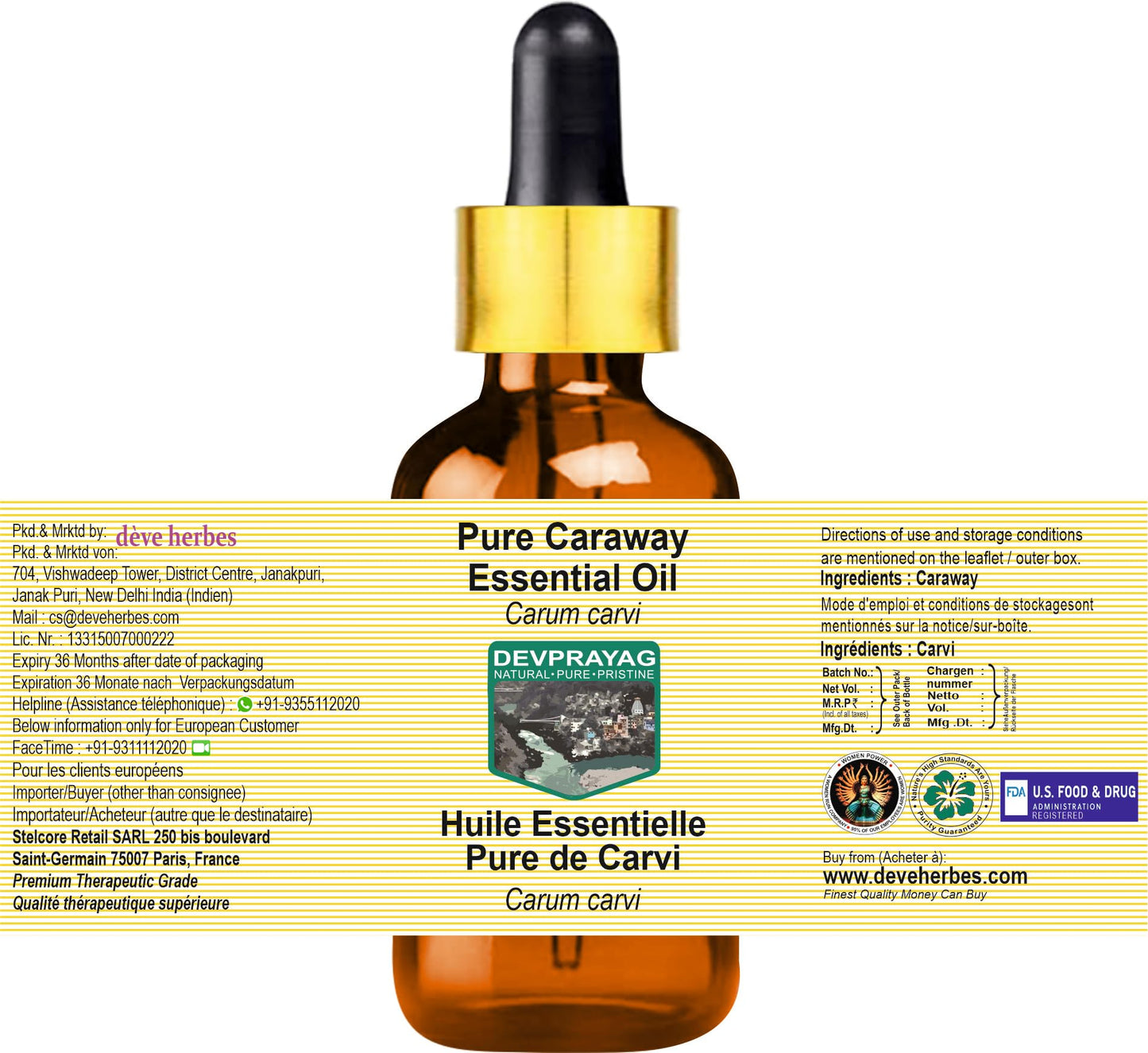 Devprayag Caraway Essential Oil (Carum carvi) with Glass Dropper - Pure - Non-Sticky - Non-Greasy - Lightweight - Men & Women - All Skin Types - Steam Beauty and Personal Care DEVPRAYAG