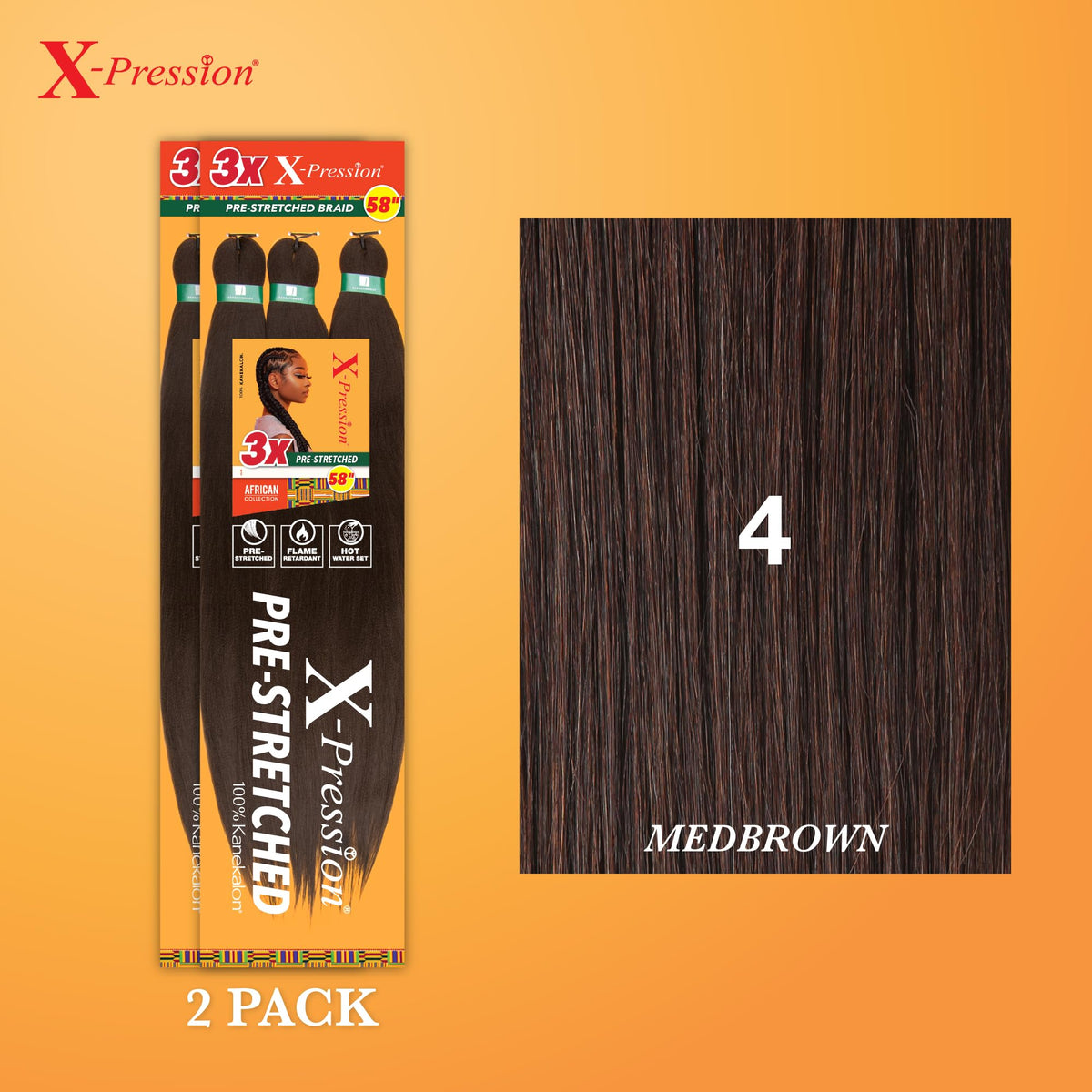 Sensationnel X-Pression Prestretched Braids-3X 58in,2pk 4 MEDBROWN