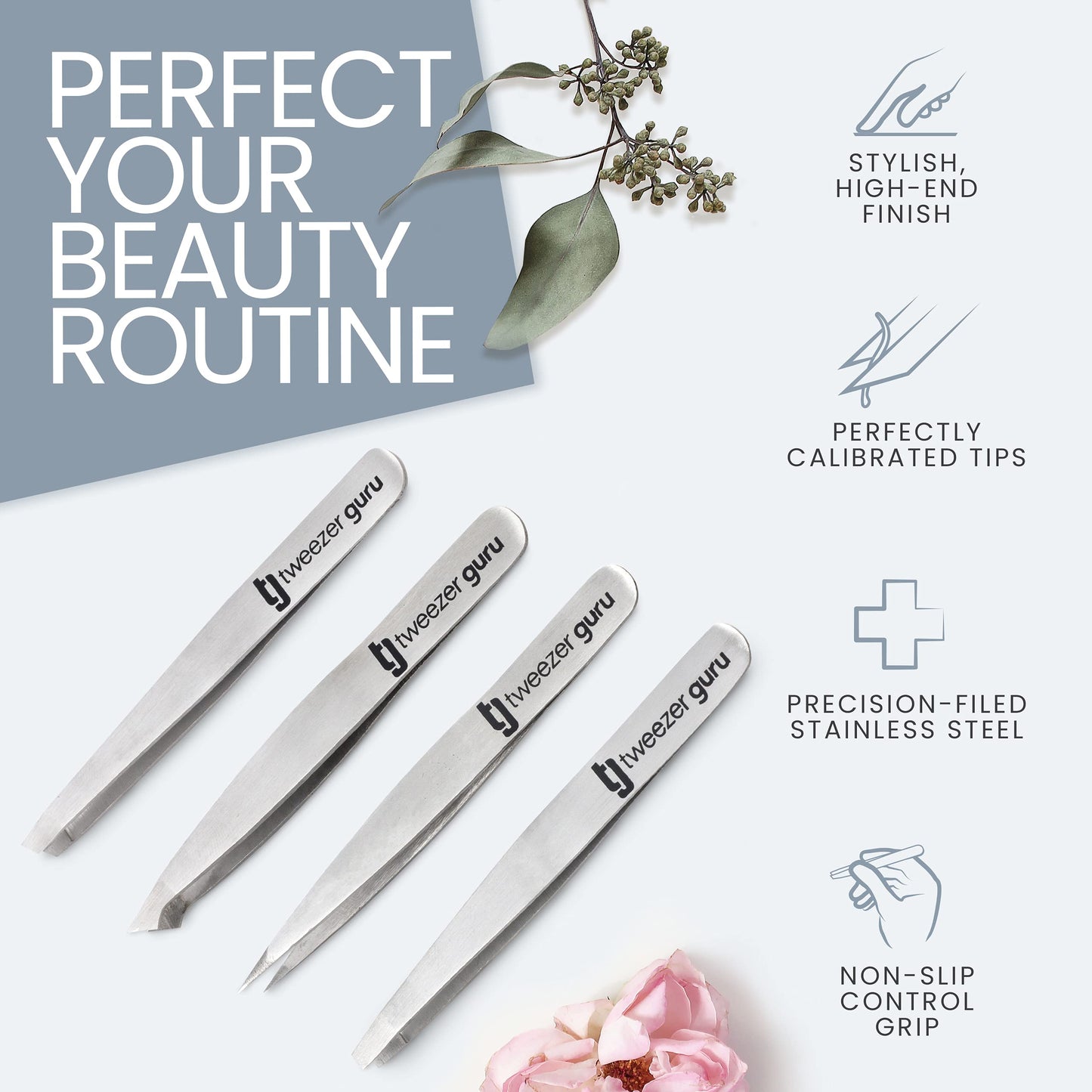 Tweezer Guru Eyebrow Tweezer Set for Women & Men - Professional Slant and Pointed Tweezers Set with Case - Precision Tweezers Kit for Facial Hair Beauty & Personal Care TWEEZER GURU