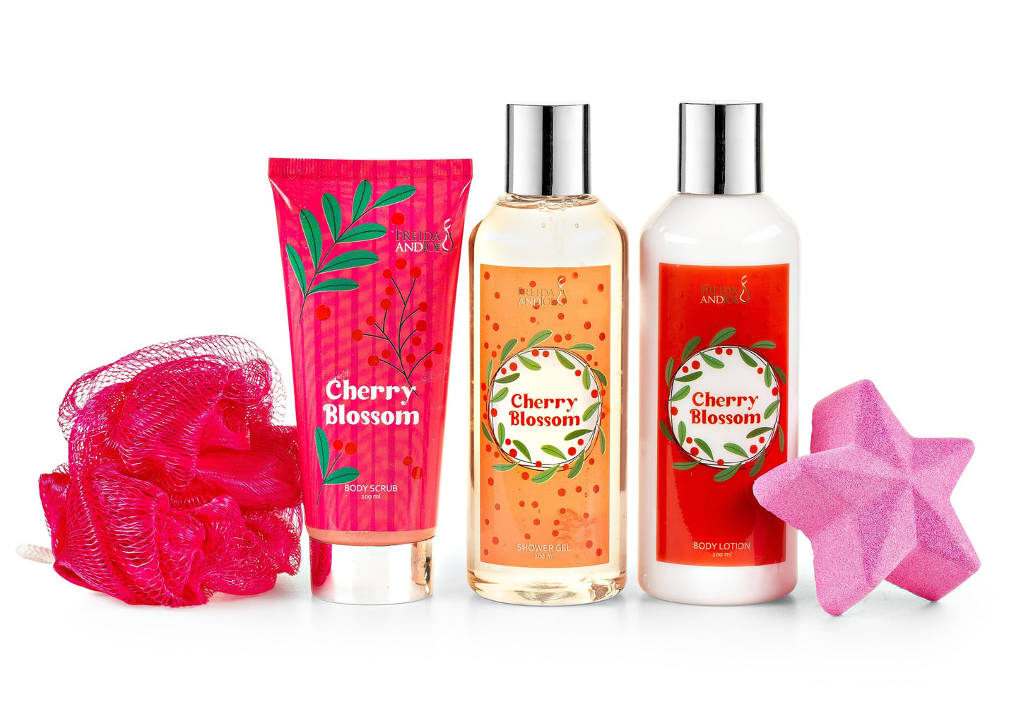 Fragrance Bath & Body Collection Gift Box, Includes Shower Gel, Body Lotion, Body Scrub, Bath Bomb & Sponge (Cherry Blossom) Beauty and Personal Care Freida and Joe