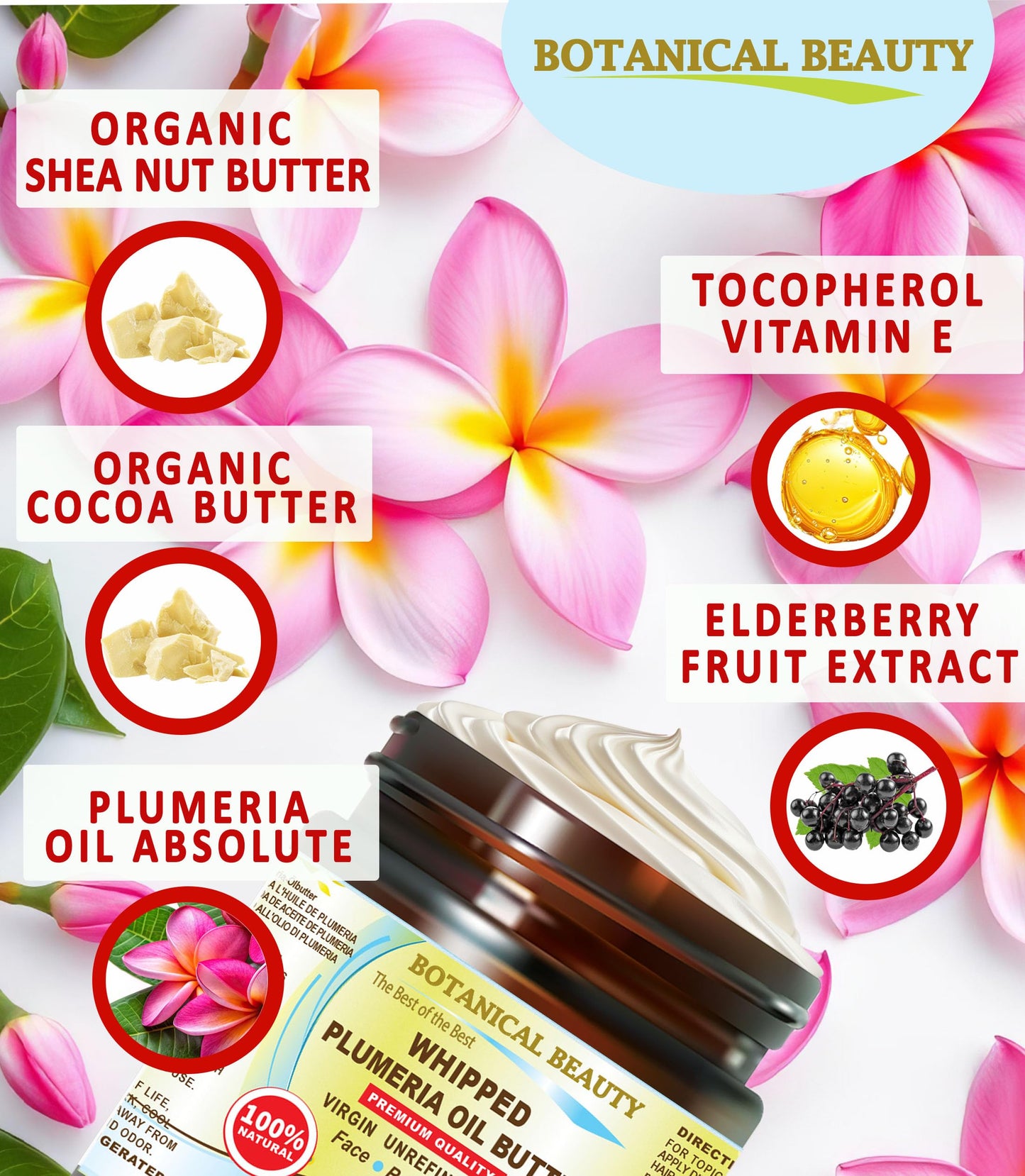 Botanical Beauty Whipped PLUMERIA OIL BUTTER 100% Natural Pure RAW. Cocoa Butter, Shea Nut Butter, Plumeria Oil Virgin Unrefined Cold Pressed Beauty & Personal Care Botanical Beauty