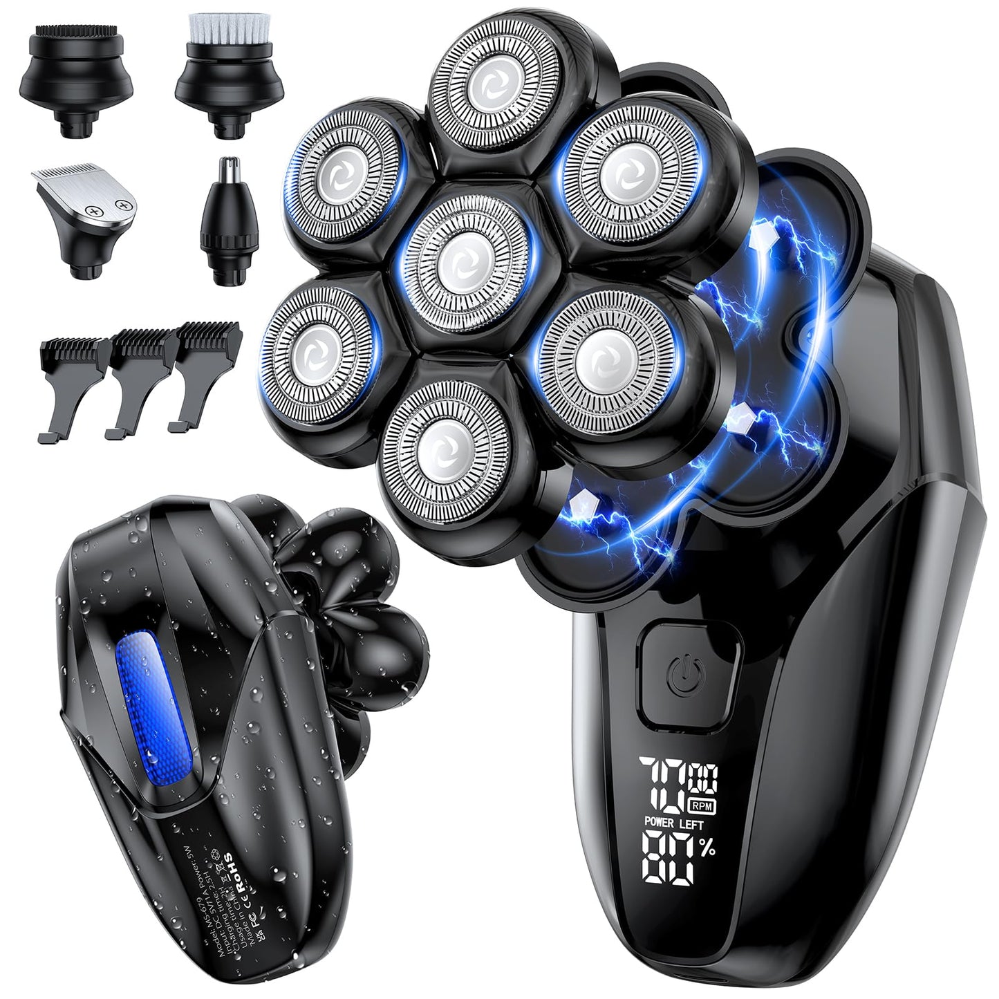 Vylto Head Shavers for Bald Men, 5-in-1 Electric Shaver Grooming Kit, 7D Floating IPX7 Waterproof Rechargeable Wet/Dry Razor for Skull Bald Head, Body Beauty and Personal Care Vylto