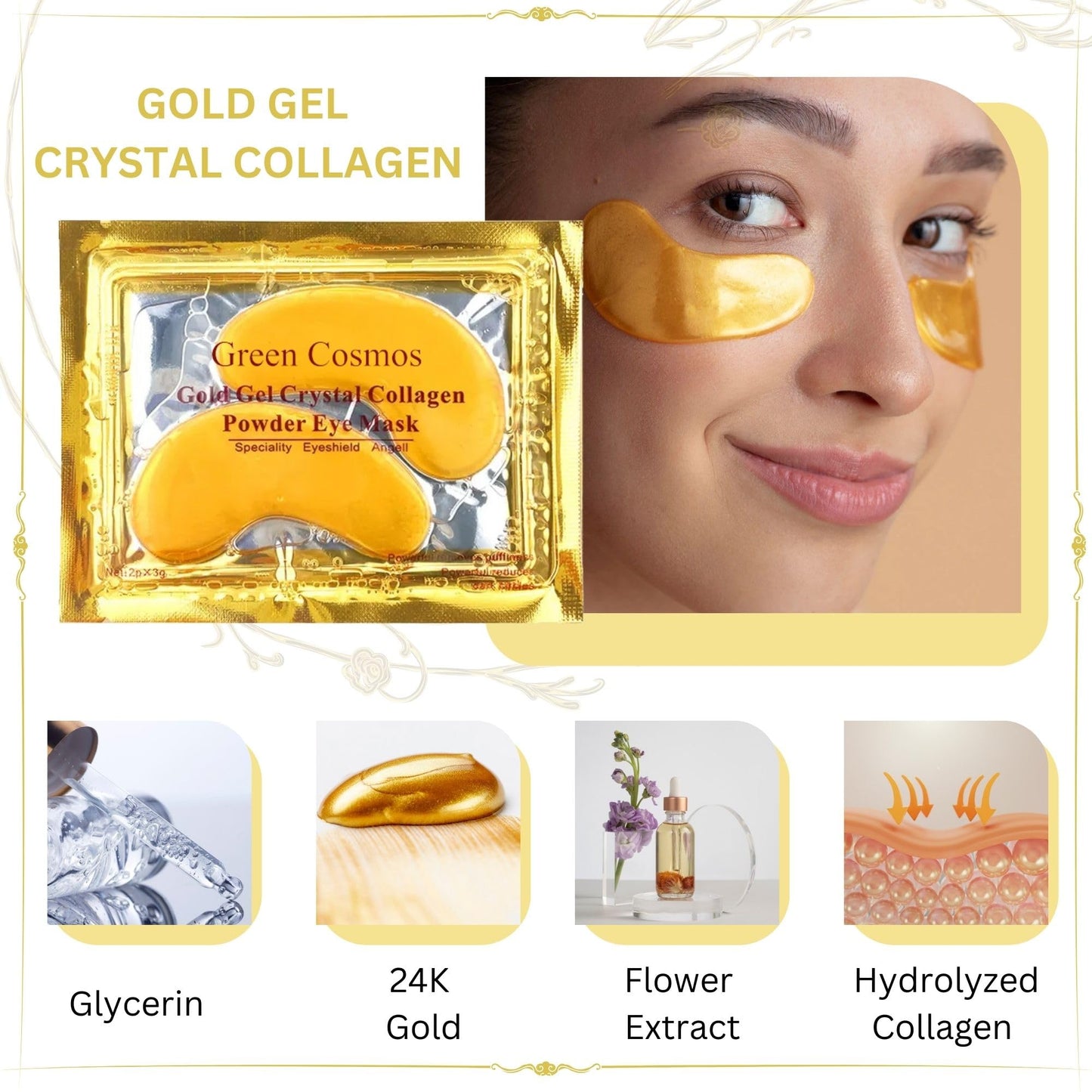 Green Cosmos 30 Pairs 24k Gold Under Eye Patches, Gold Crystal Collagen Eye Mask, Dark Circles Treatments, Removes Under Eye Bags, Collagen Gel Pads Beauty & Personal Care Green Cosmos