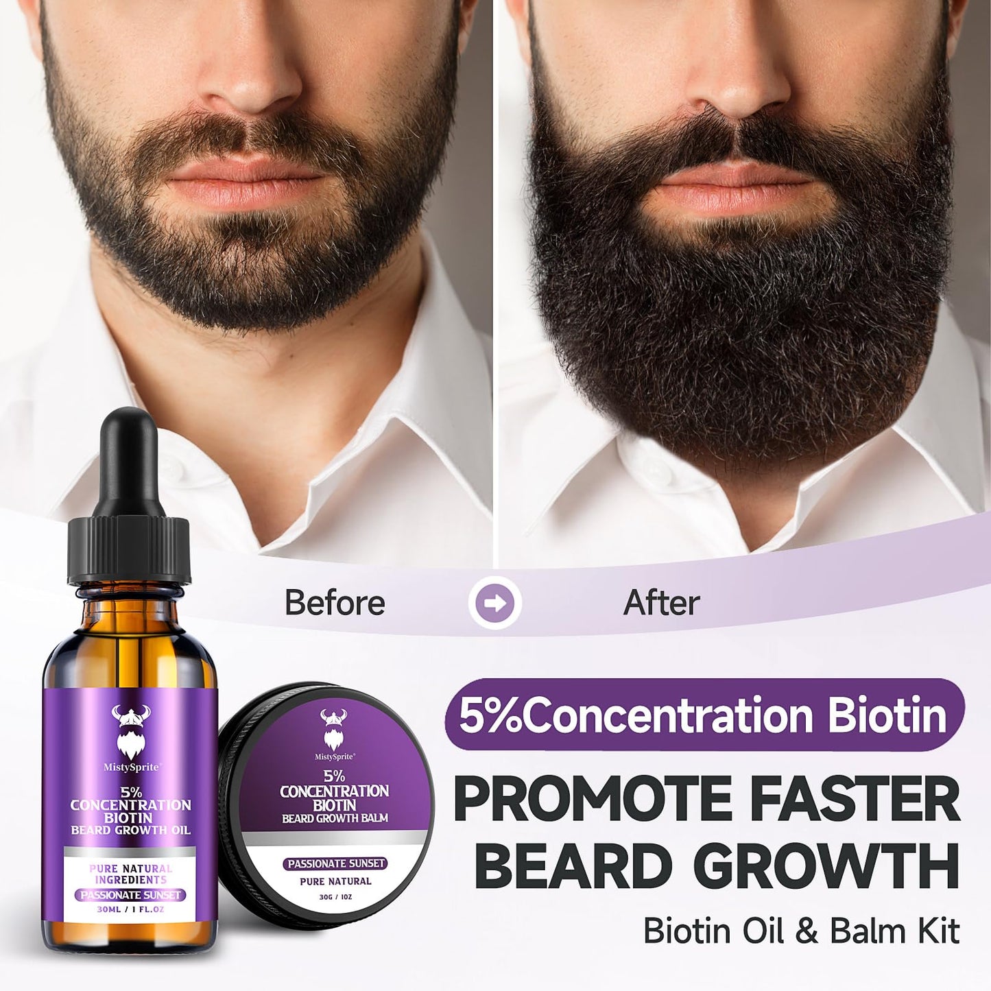 Beard Growth Kit - 5% Concentration Biotin Beard Oil for Men (2 oz) - Natural Mens Beard Oil with Argan Oil, Jojoba Oil and Vitamin, Beard Growth Beauty and Personal Care MistySprite
