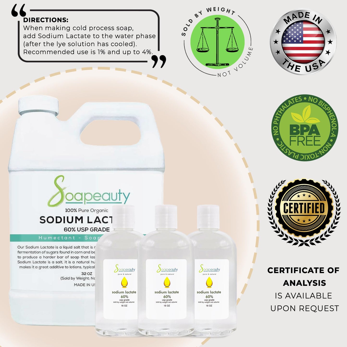 SODIUM LACTATE for Soap Making & Lotions | 60% USP Pure Natural Preservative | Harder Bar of Soap, Bigger Yield, Faster Cure Time, Provides Moisture | Beauty & Personal Care Soapeauty