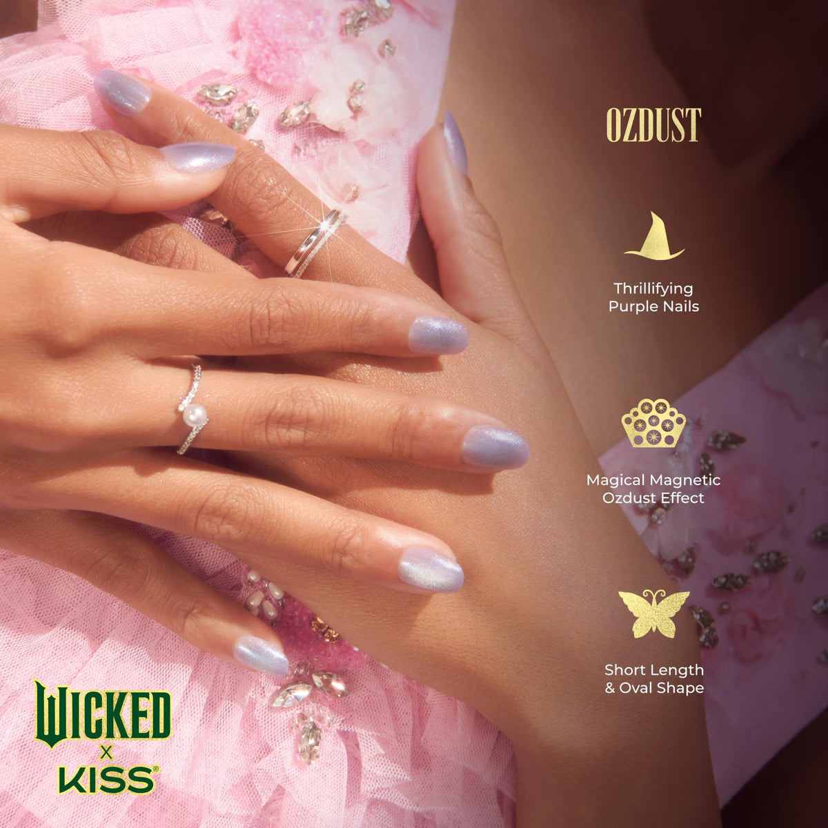 WICKED X KISS Press On Nails, ‘Ozdust’, Light Purple, Short Oval, Waterproof, Chip Proof, Smudge Proof, 28 Fake Nails, Pink Gel Nail Glue (2g), Mini
