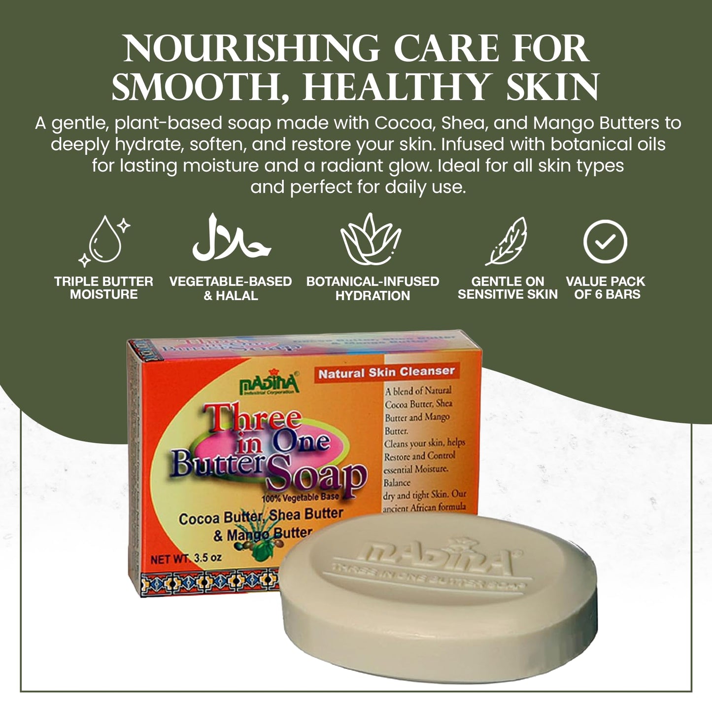 Madina 3-in-1 Butter Soap Bar - Cocoa, Mango & Shea Butter, Moisturizing, Nourishing, Vegetable-Based, Halal, Gentle Cleanser for All Skin Types, 6 Beauty & Personal Care Madina