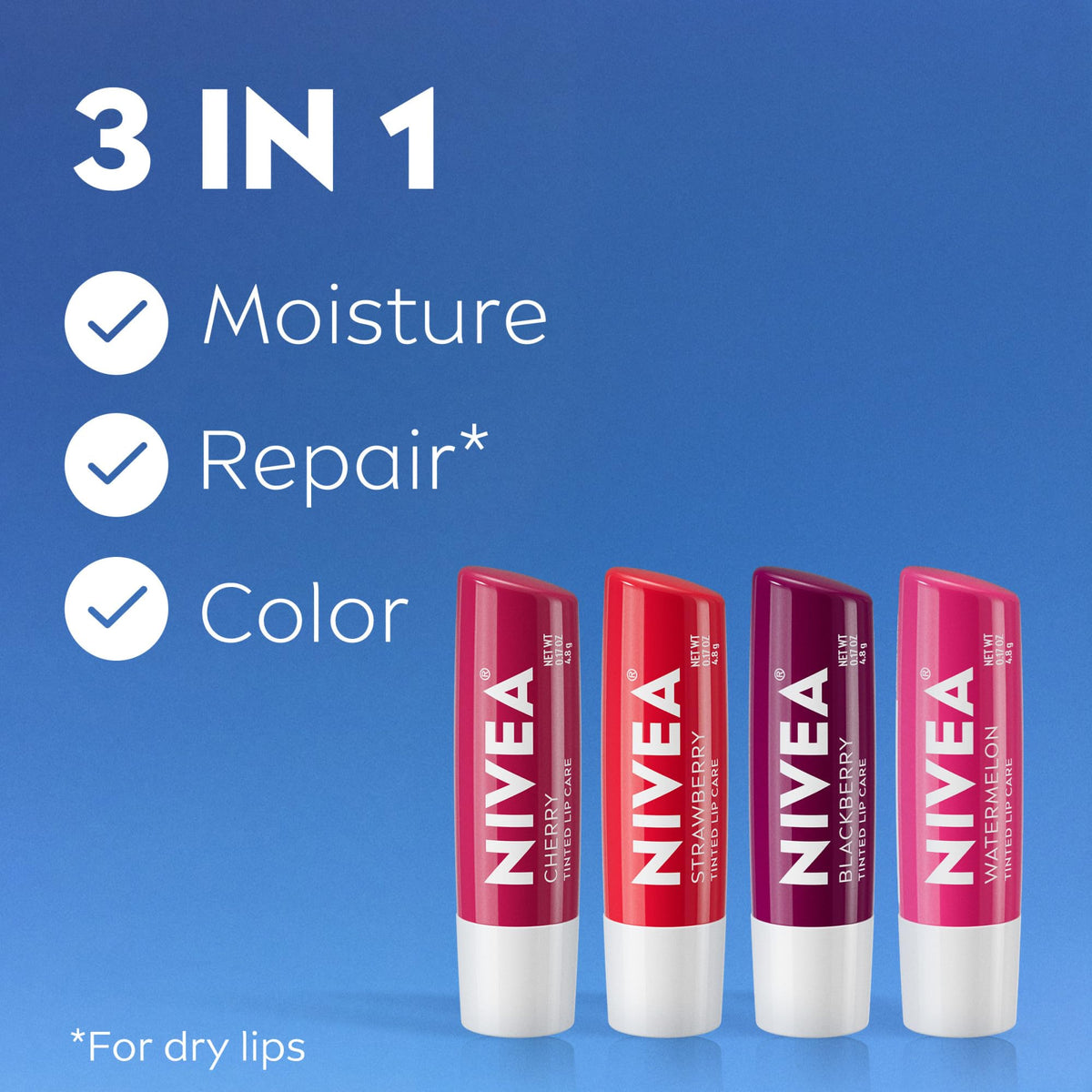 NIVEA Lip Care, Fruity Tinted Lip Balm Variety Pack, Cherry, Strawberry, Blackberry and Watermelon Flavors, 3-in-1 Moisture, Repair and Color, 0.17 Oz Beauty & Personal Care NIVEA