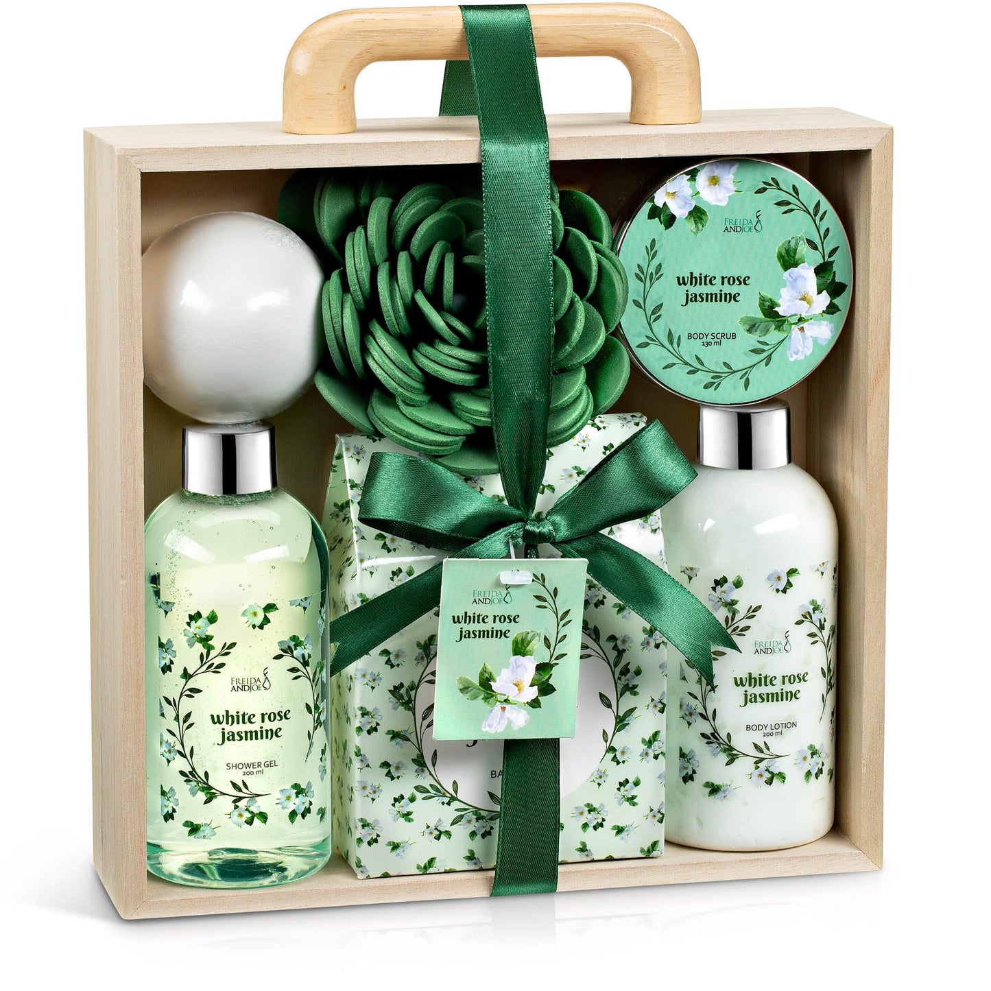 Deluxe White Rose Jasmine Spa Basket Home Spa Set with Shower Gel, Body Lotion, Bath Salts, Body Scrub, Bath Bomb and Bath Puff in Wooden Curio Gift Beauty and Personal Care Freida and Joe