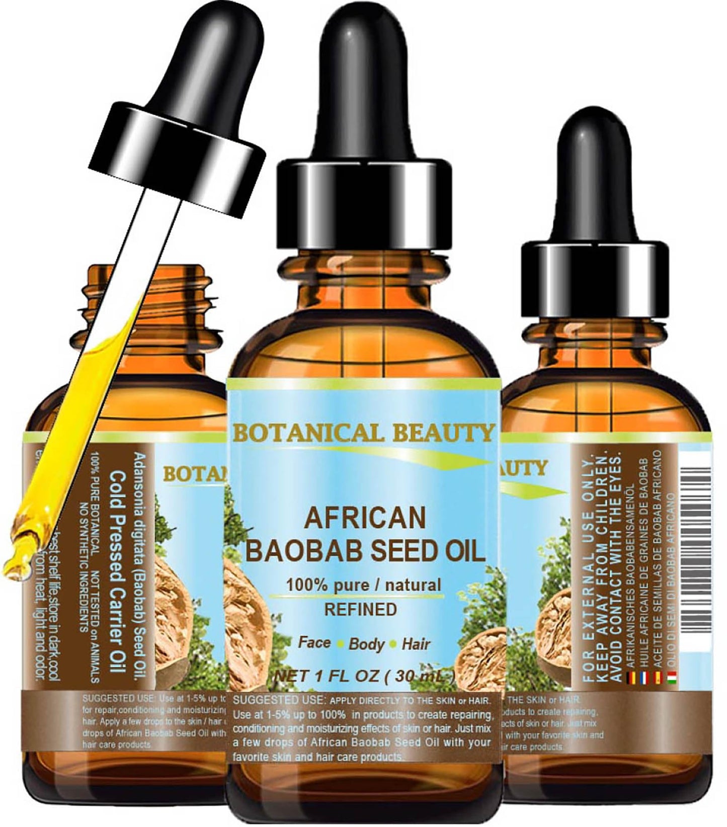 Botanical Beauty BAOBAB SEED OIL 100% Pure Natural Refined Cold-Pressed Carrier Oil 1 Fl oz 30 ml For Face Skin Body Hair Lip Nails Rich in Vitamin C Beauty & Personal Care Botanical Beauty