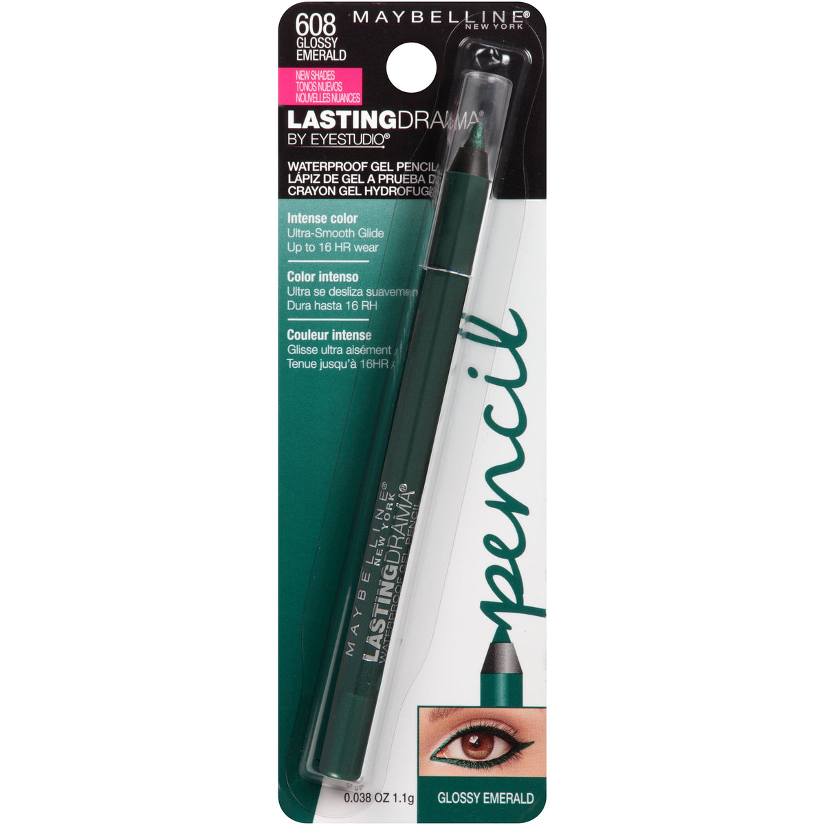 Maybelline New York Eyestudio Lasting Drama Waterproof Gel Pencil, Glossy Emerald, 0.038 Ounce