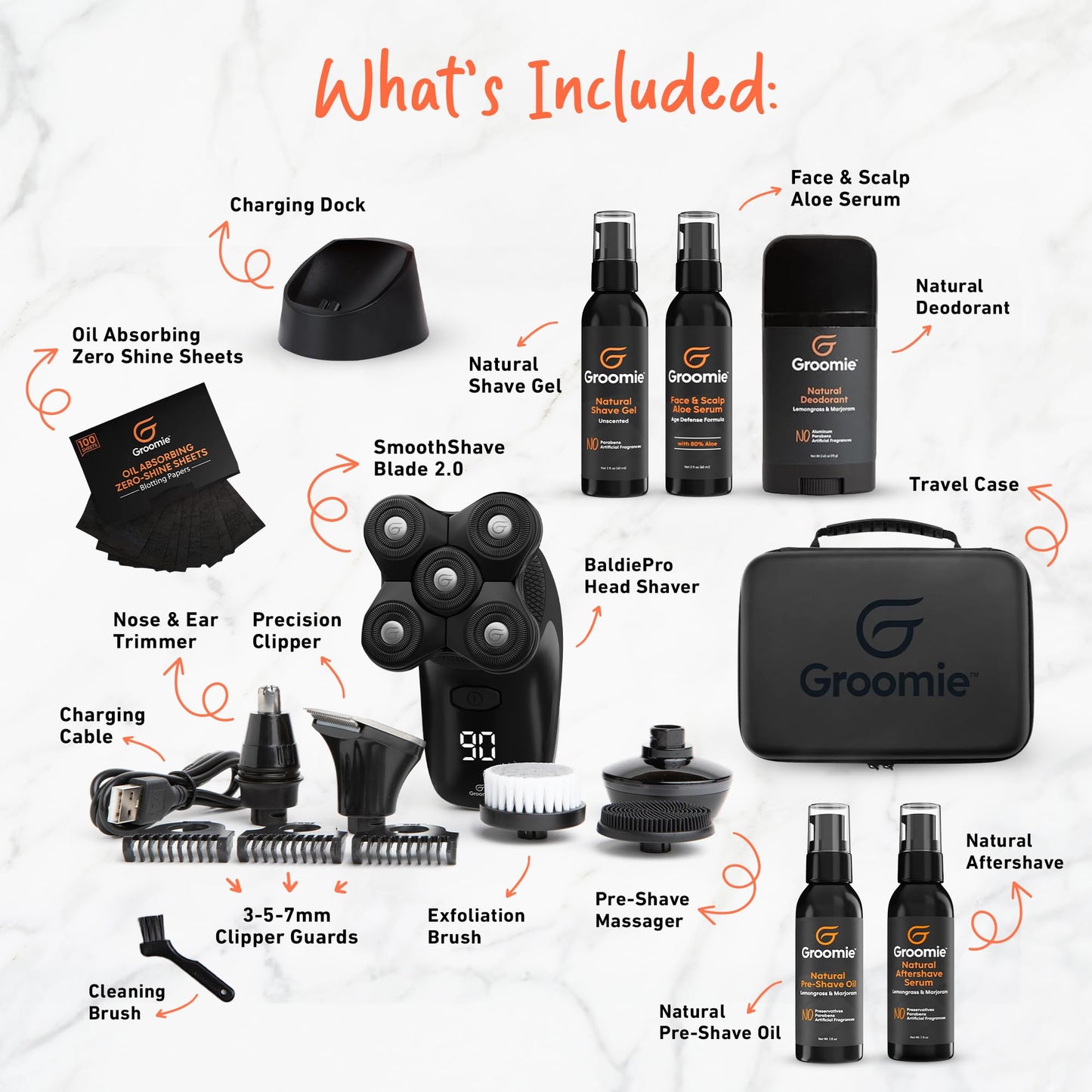 Groomie Mens Grooming Bundle - BaldiePro Electric Head Shaver for Bald Men Includes Travel Case, Charging Dock & Accessory Kit - Deodorant, Scalp Beauty and Personal Care Groomie