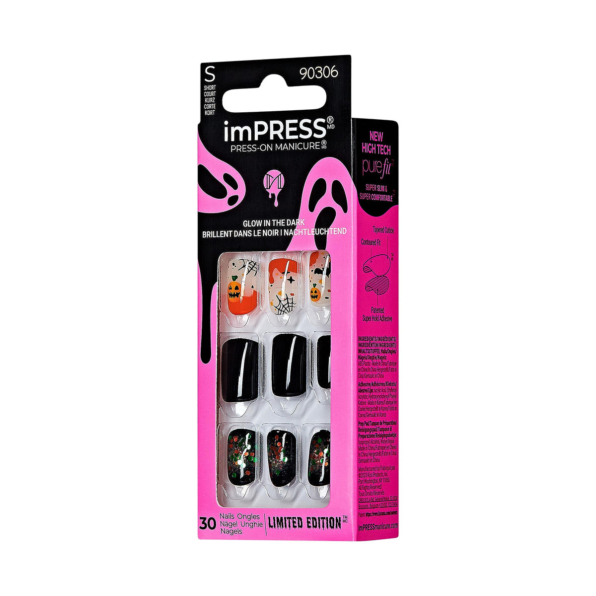 KISS imPRESS Press-On Manicure Halloween, Black, Short Length, Square Shape, PureFit Technology, Chip Proof, Smudge Proof, Waterproof, Prep Pad, Mini