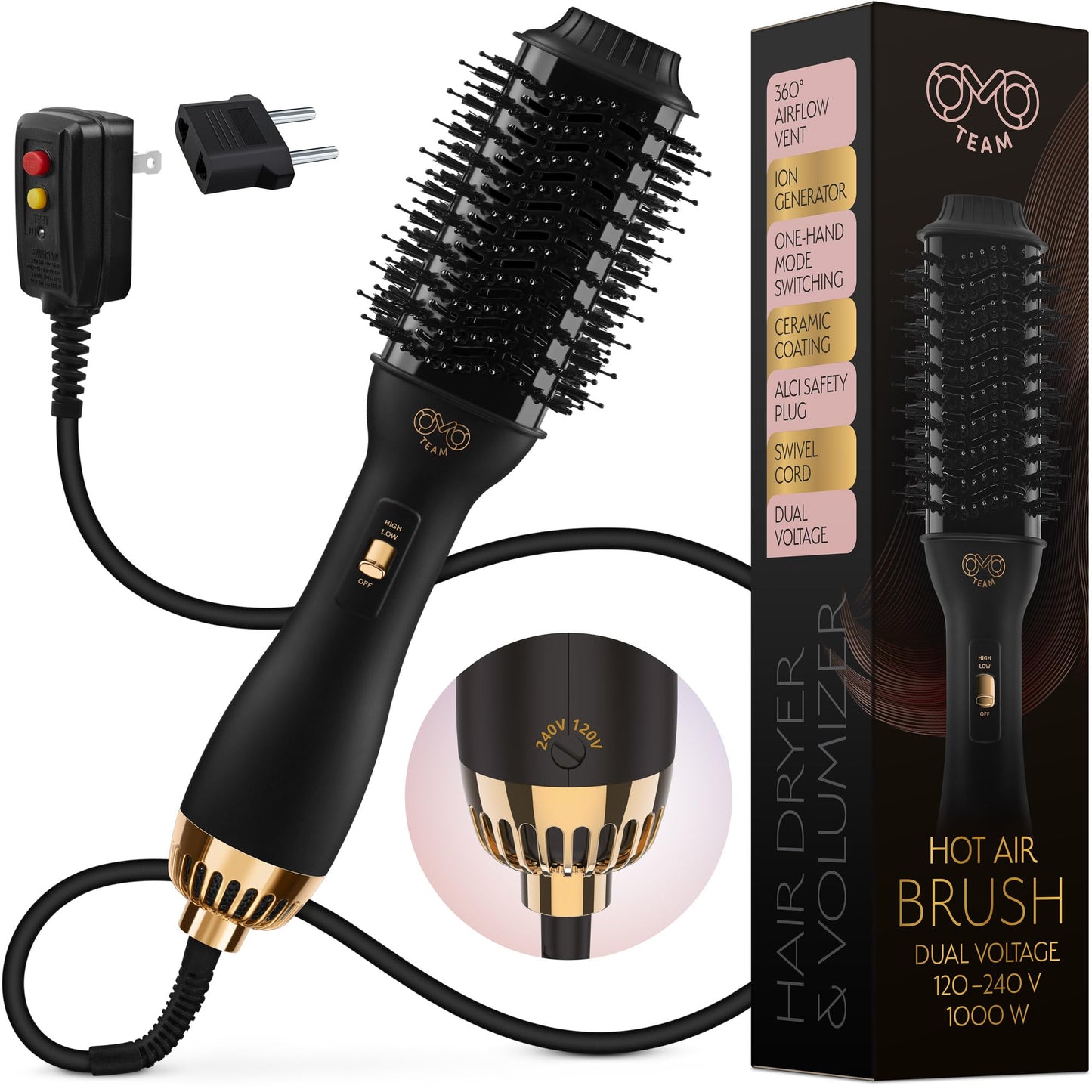 Manual Dual Voltage Blowout Hair Dryer Brush, Professional Hot Air Brush for European Travel 110V-120V/220V-240V, Black Gold Dryer and Volumizer Beauty & Personal Care OMOteam