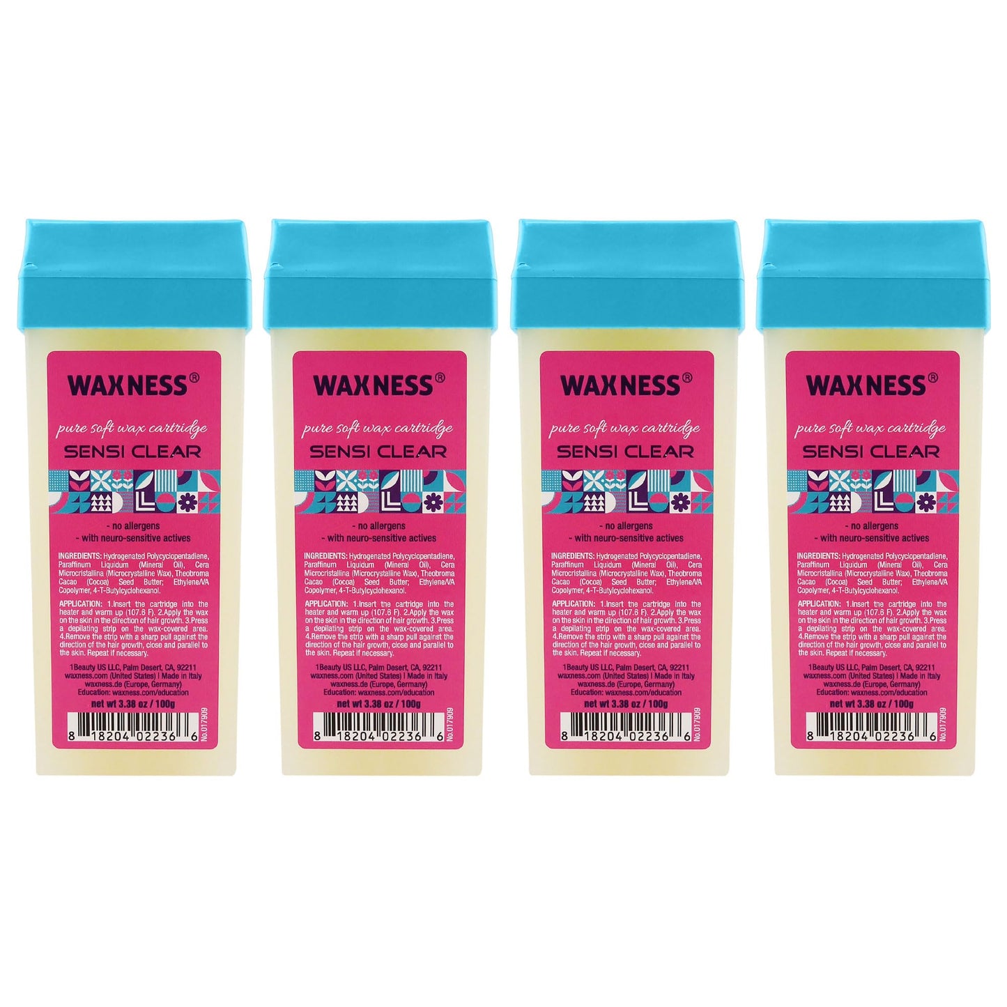 Waxness Sensi Clear Pure Soft Wax Cartridge Pack of 4 × 3.38 oz (100 g)- Rosin-Free Clear Gel Strip Wax with Neuro-Active Comfort Complex, Roll-On Beauty and Personal Care Waxness