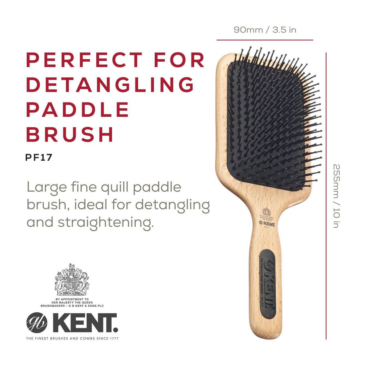 Kent PF17 Large Cushion Paddle Brush, Taming Fine Pins Hair - Detangling Long, Thick, Curly Hair, Scalp Massager, Growth Stimulator. Wet or Dry Use.